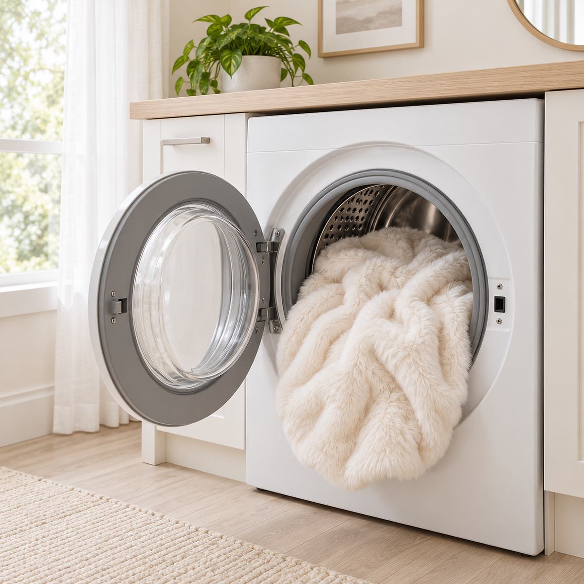 Navorel white faux fur throw blanket gathered in an open washing machine ready for a cold gentle wash