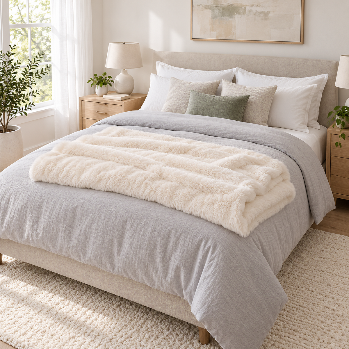 Navorel white faux fur throw blanket loosely folded at the foot of a made bed