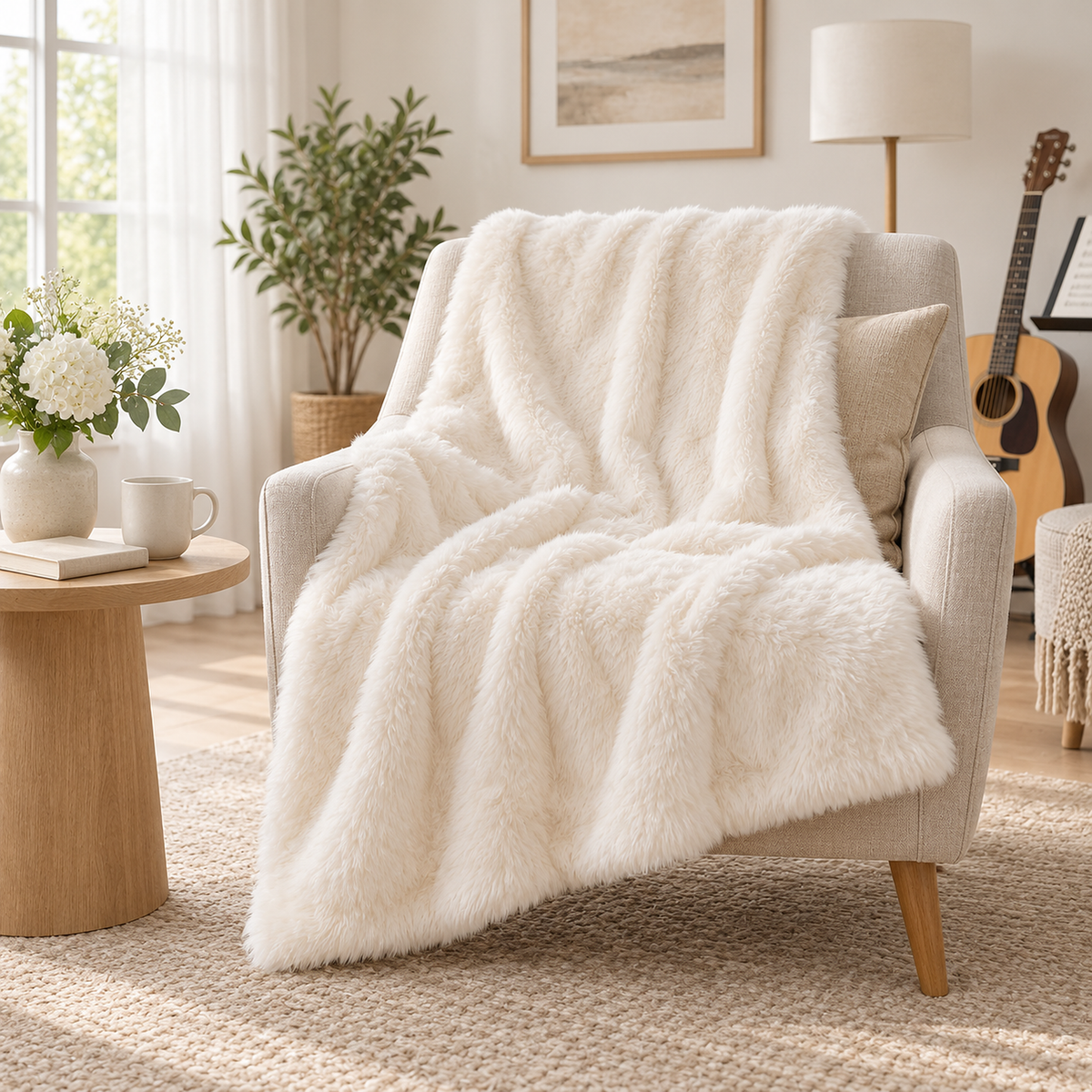 Navorel white faux fur throw blanket opened across the back and seat of a lounge chair