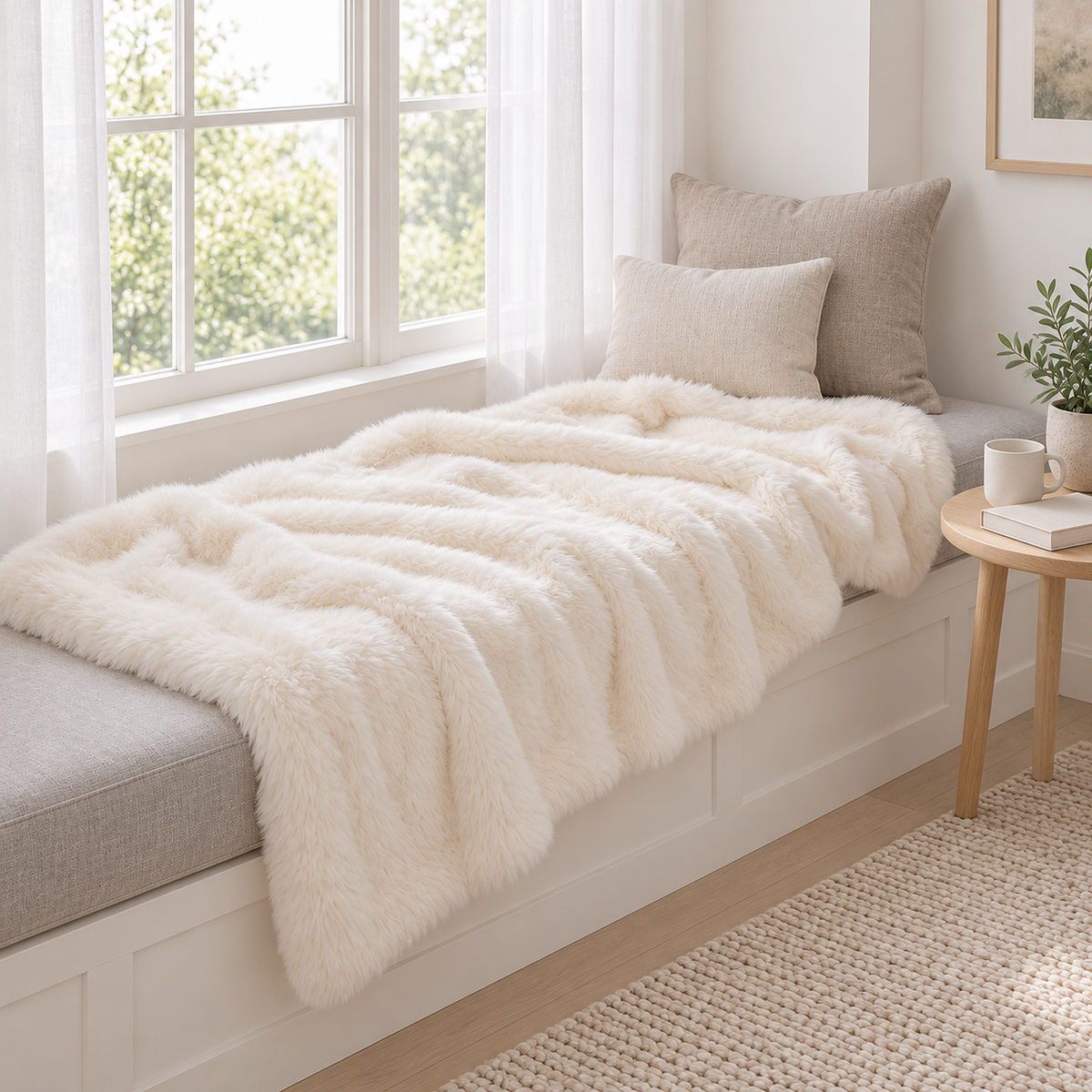 Navorel white faux fur throw blanket opened flat on a light gray window seat in daylight
