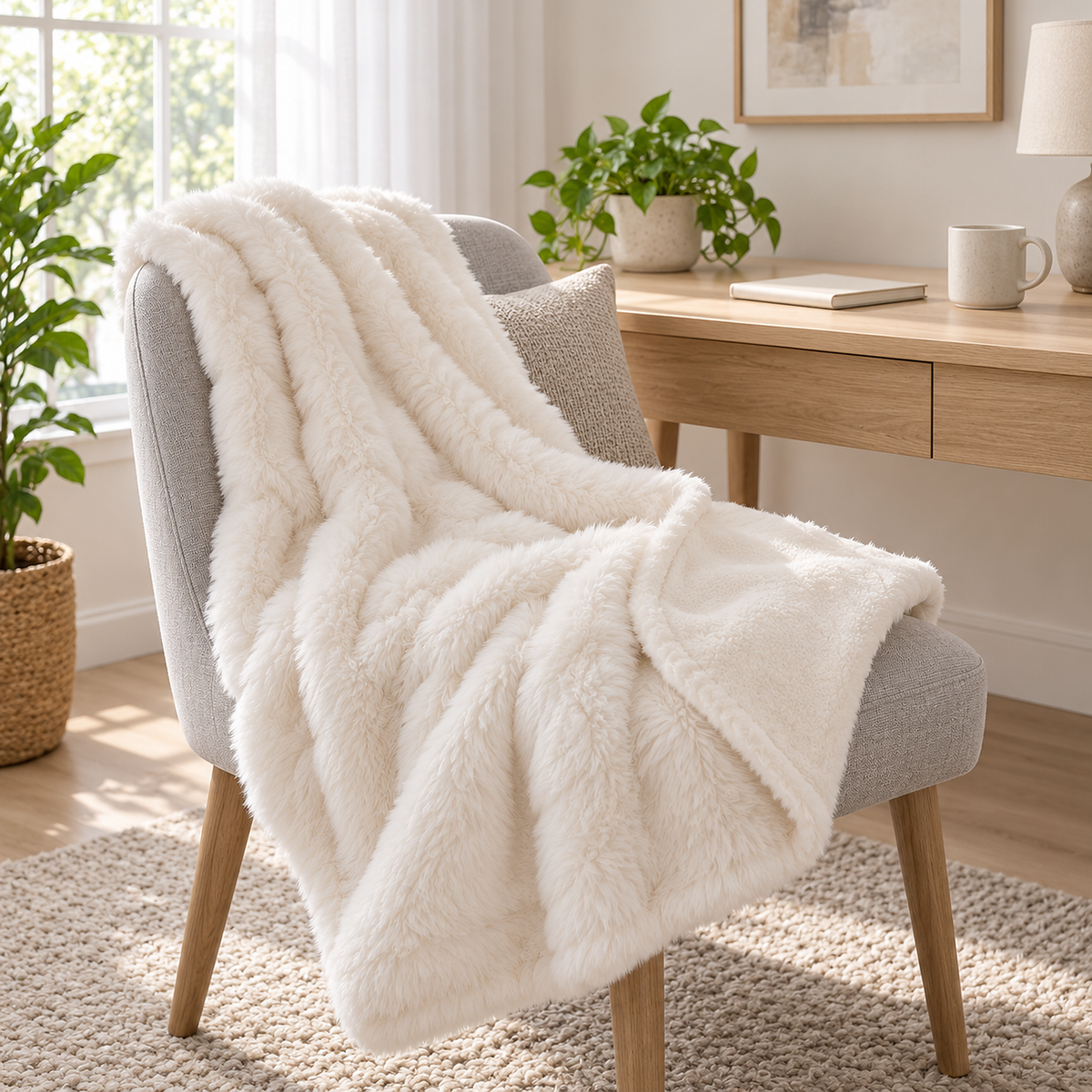 Navorel white faux fur throw blanket with one corner turned back to show the shorter reverse in a writing nook