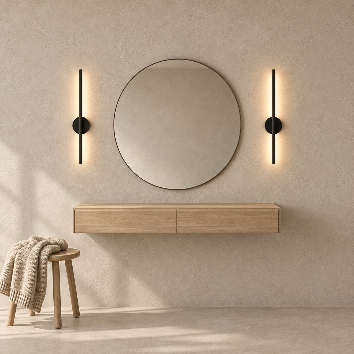 Nedrila black wireless wall lights lit on either side of a round dressing mirror