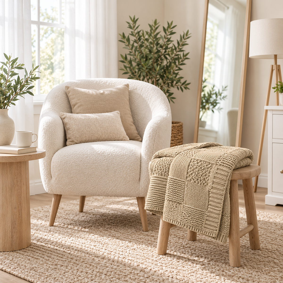 Nelvari beige soft throw blanket folded and ready to use on a stool in a dressing room #color_beige