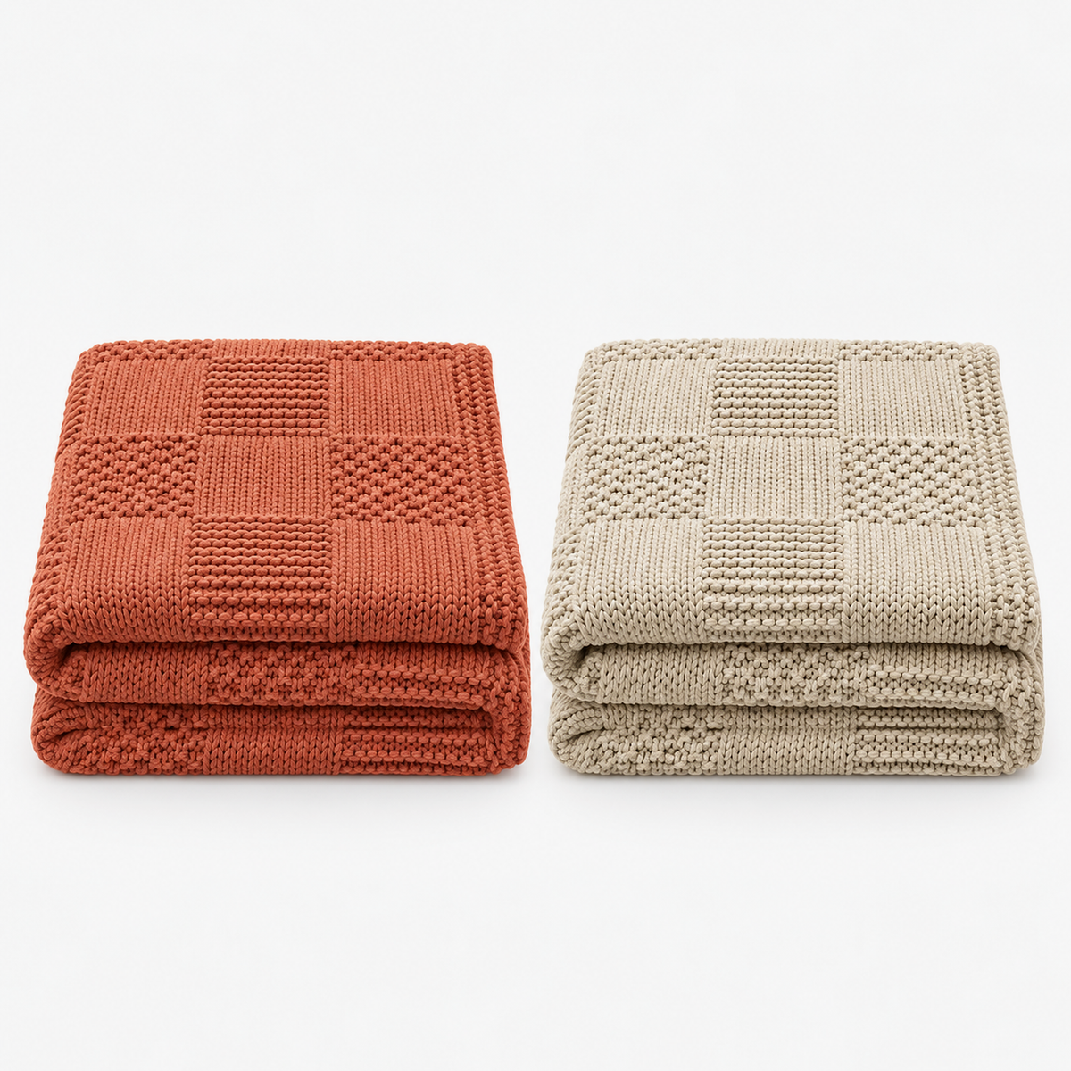Nelvari red and beige checkered throw blankets folded side by side on a white background