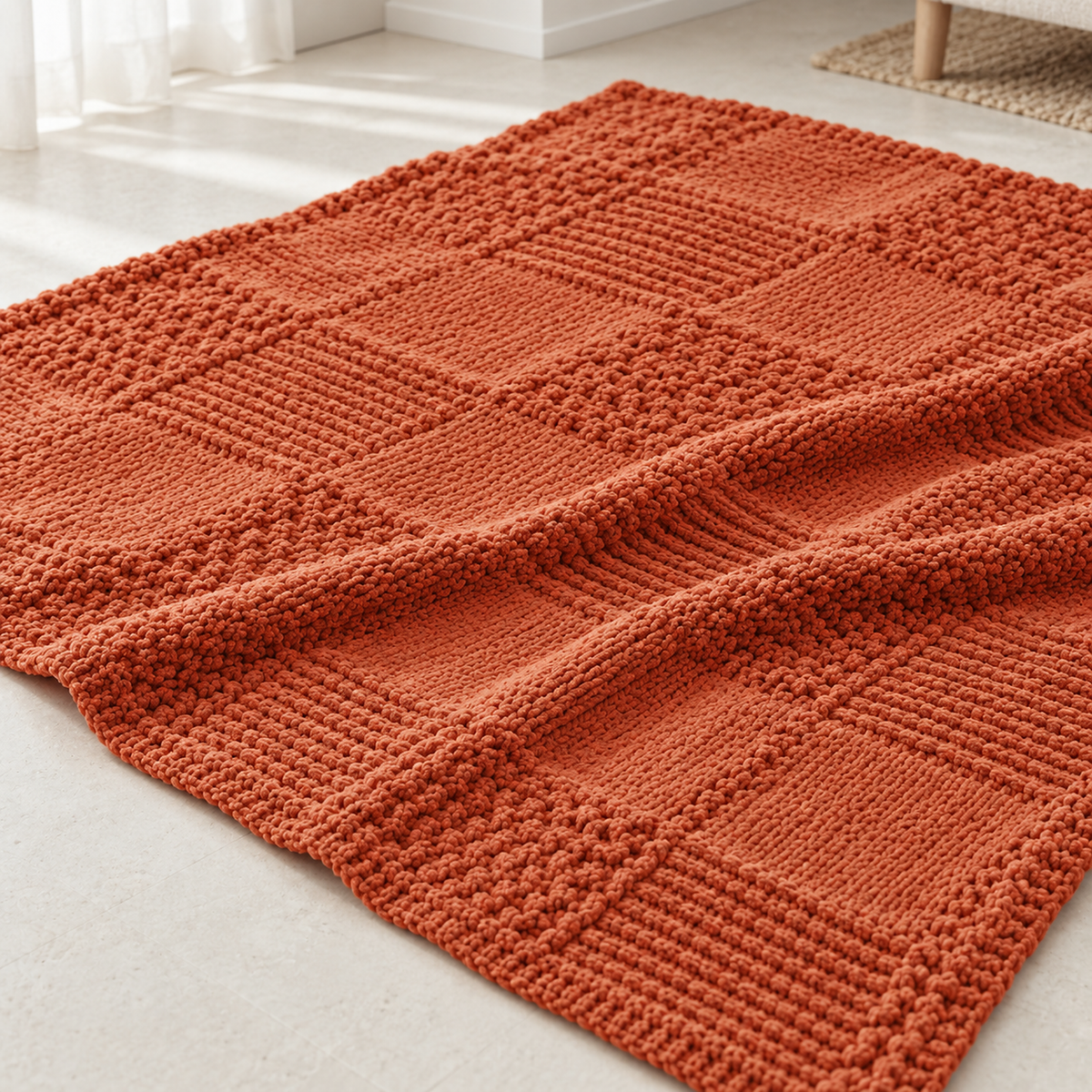 Nelvari red knit throw blanket spread flat, close up on the alternating knitted check textures