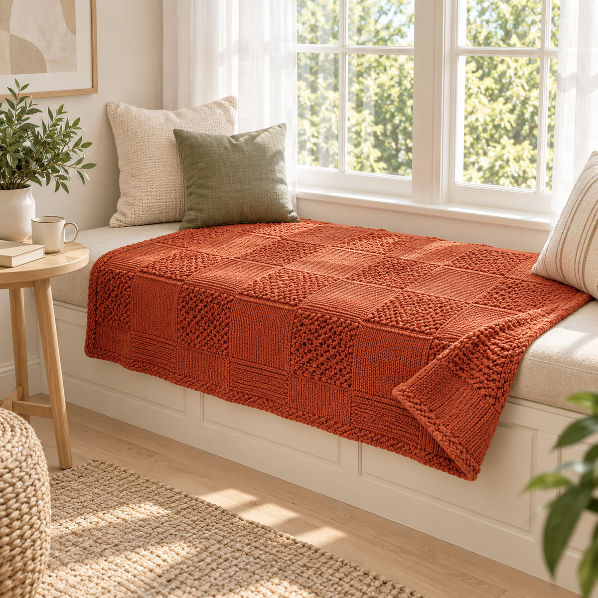 Nelvari Red knit throw blanket with textured checks spread on a cushioned window seat, one corner folded back