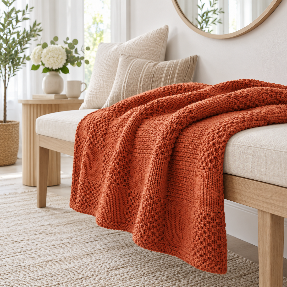 Nelvari red soft throw blanket loosely folded to show the thickness of the knitted layers