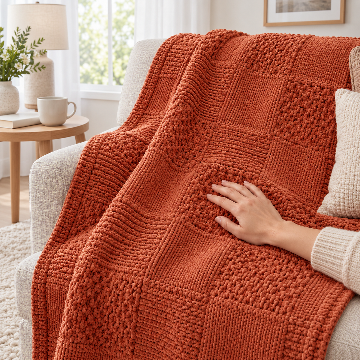 Nelvari red soft throw blanket with a hand pressing into the knitted checks