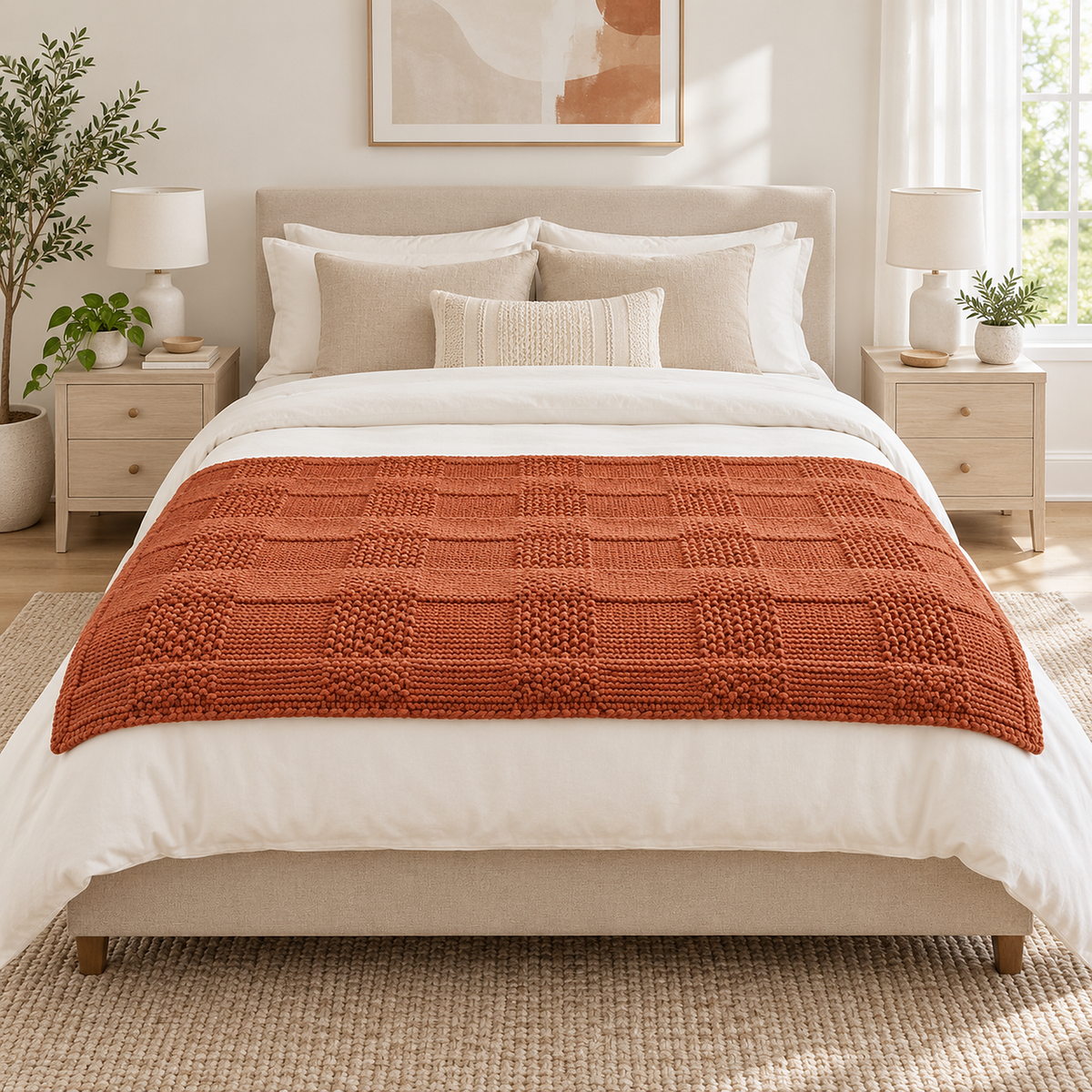 Nelvari red throw blanket spread across the foot of a made bed with ivory bedding