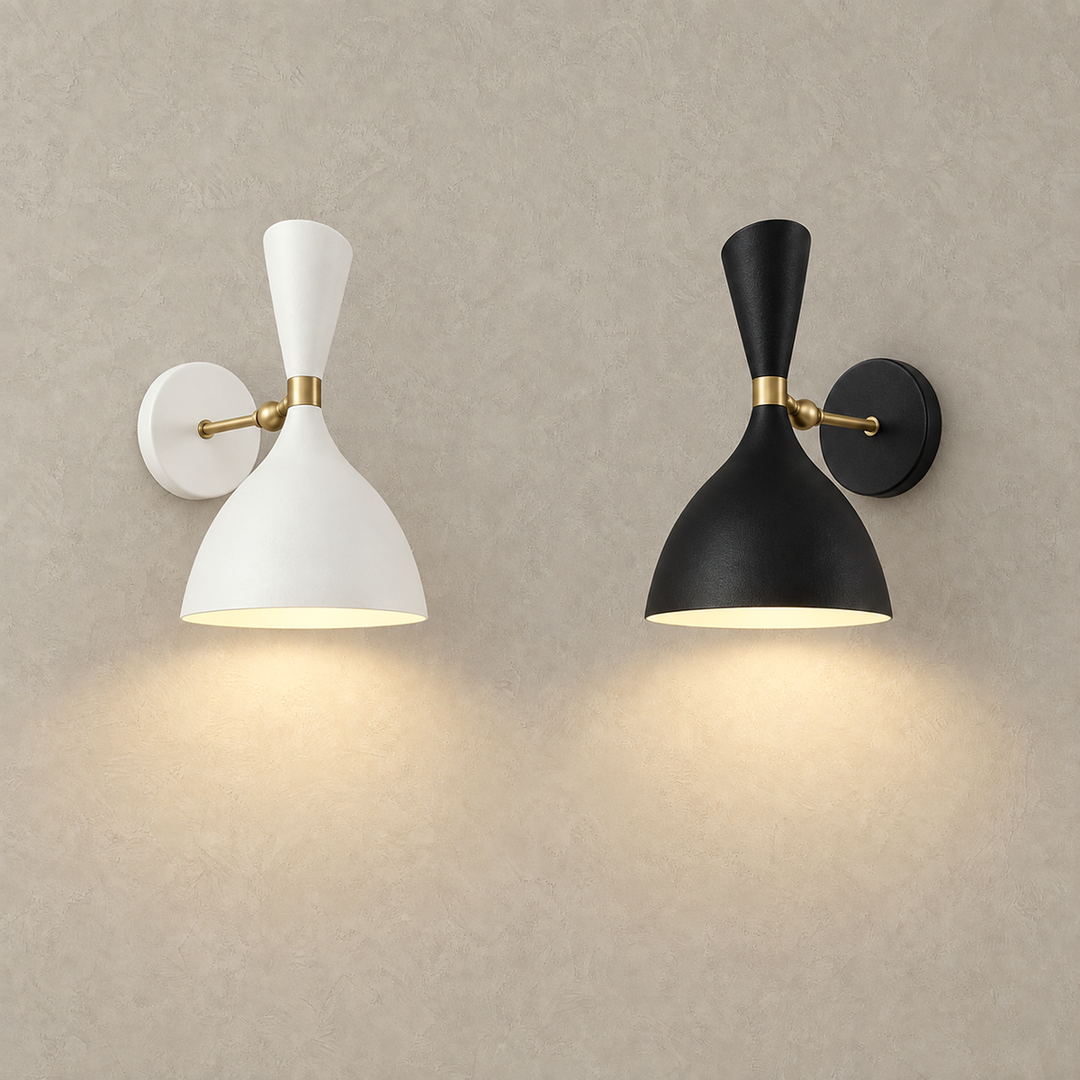 Nematore white and black wall sconces lit side by side on a plain plate