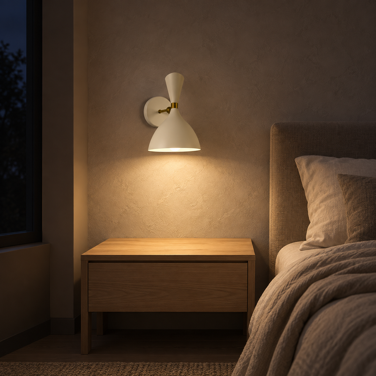 Nematore white bedside wall light on at night leaving the nightstand clear
