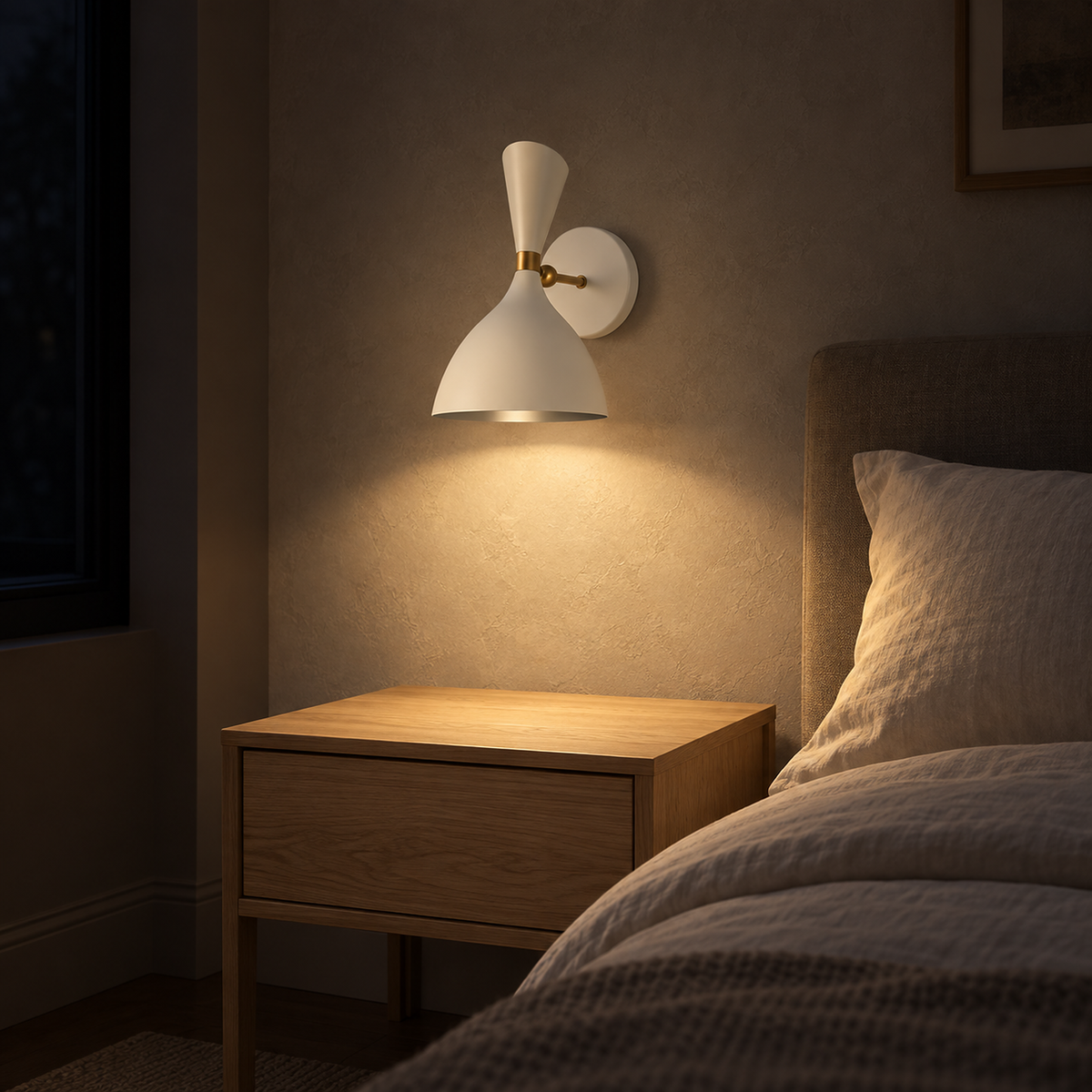 Nematore white bedside wall light warming the wall and an empty nightstand at night