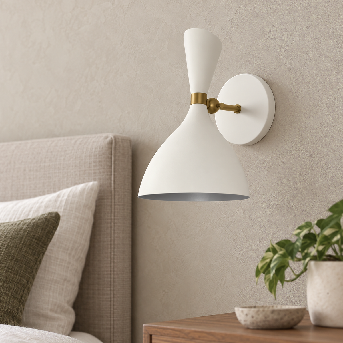 Nematore white wall sconce close up on the painted shade and gold toned joint