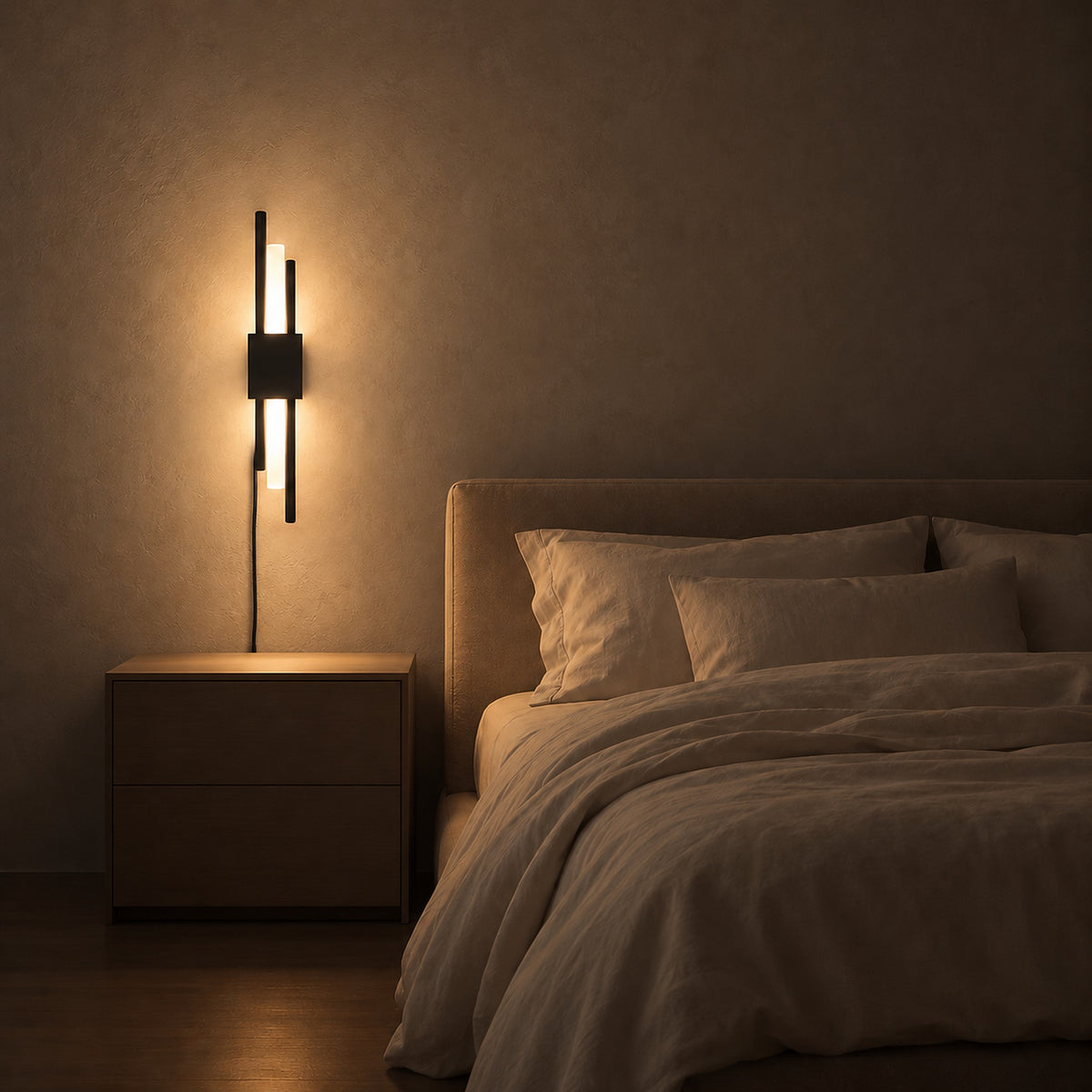 Nemirsa black bedside wall light casting a warm halo beside the bed at night