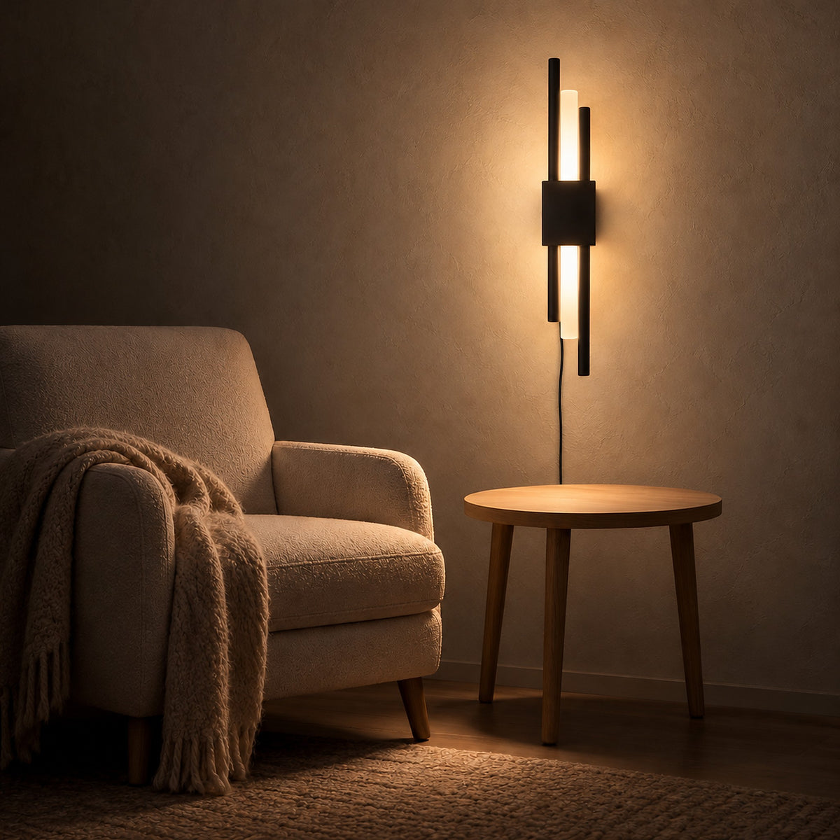 Nemirsa black bedside wall light glowing in a library at night, leaving the side table clear