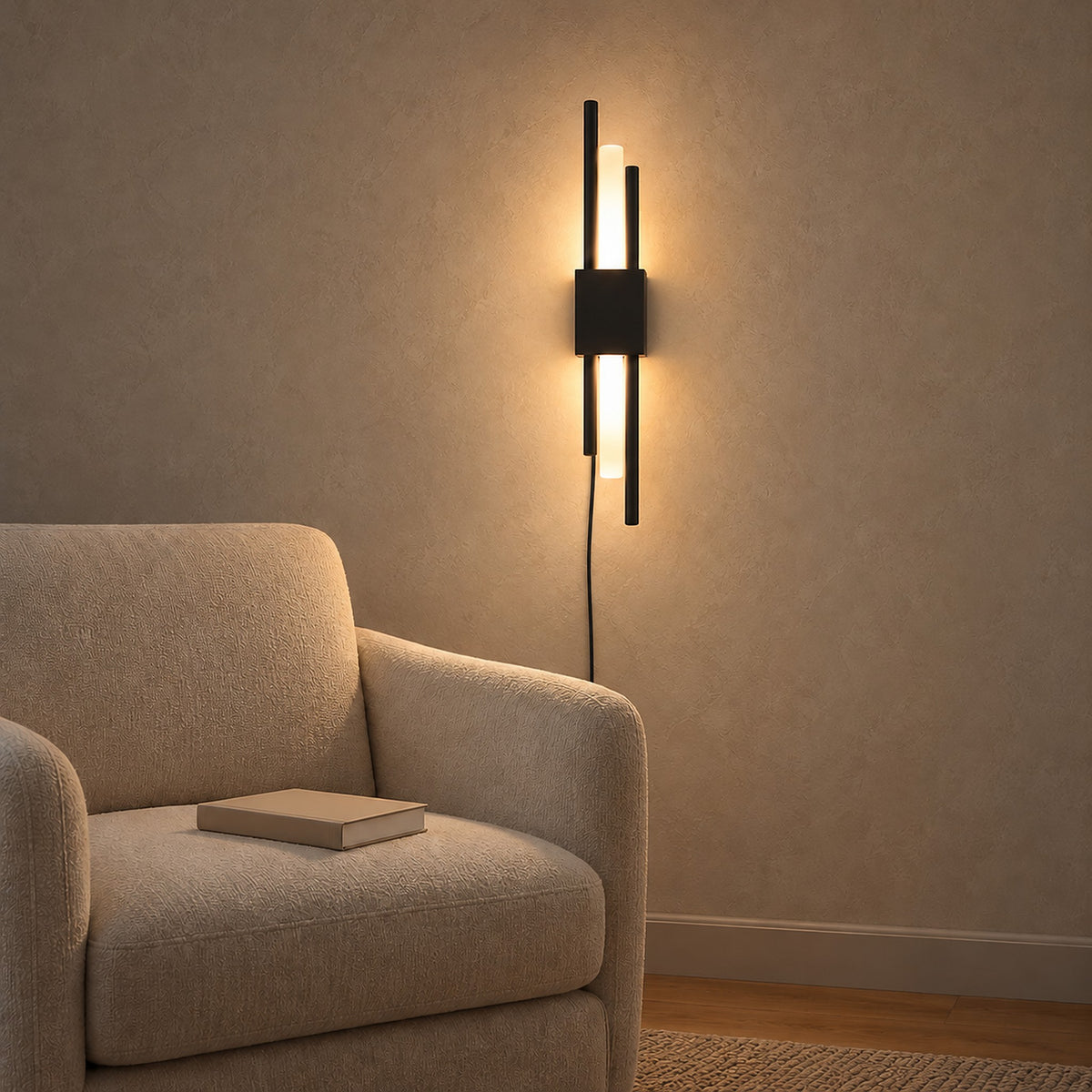 Nemirsa black wall lamp glowing warm against library plaster in afternoon light