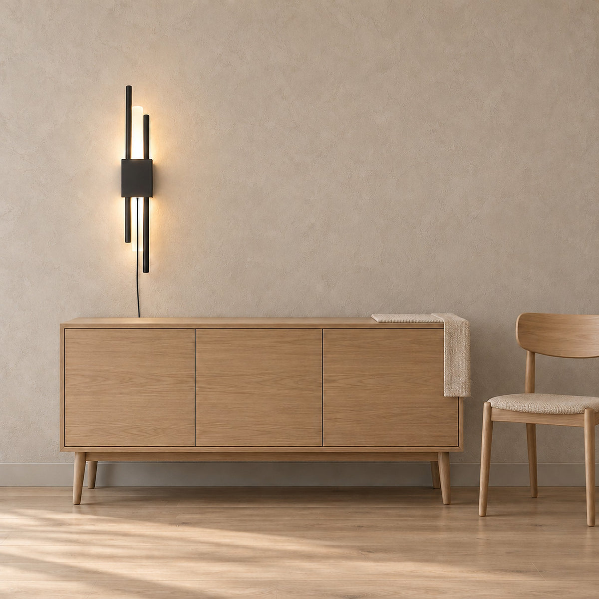 Nemirsa black wall sconce lit and scaled above a pale sideboard in a daytime dining room