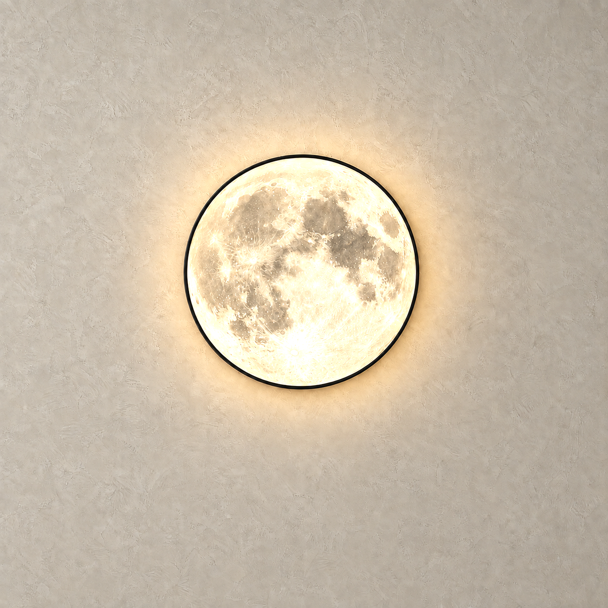 Nerativa black and moon white bedside wall light lit with a warm glow across its lunar face