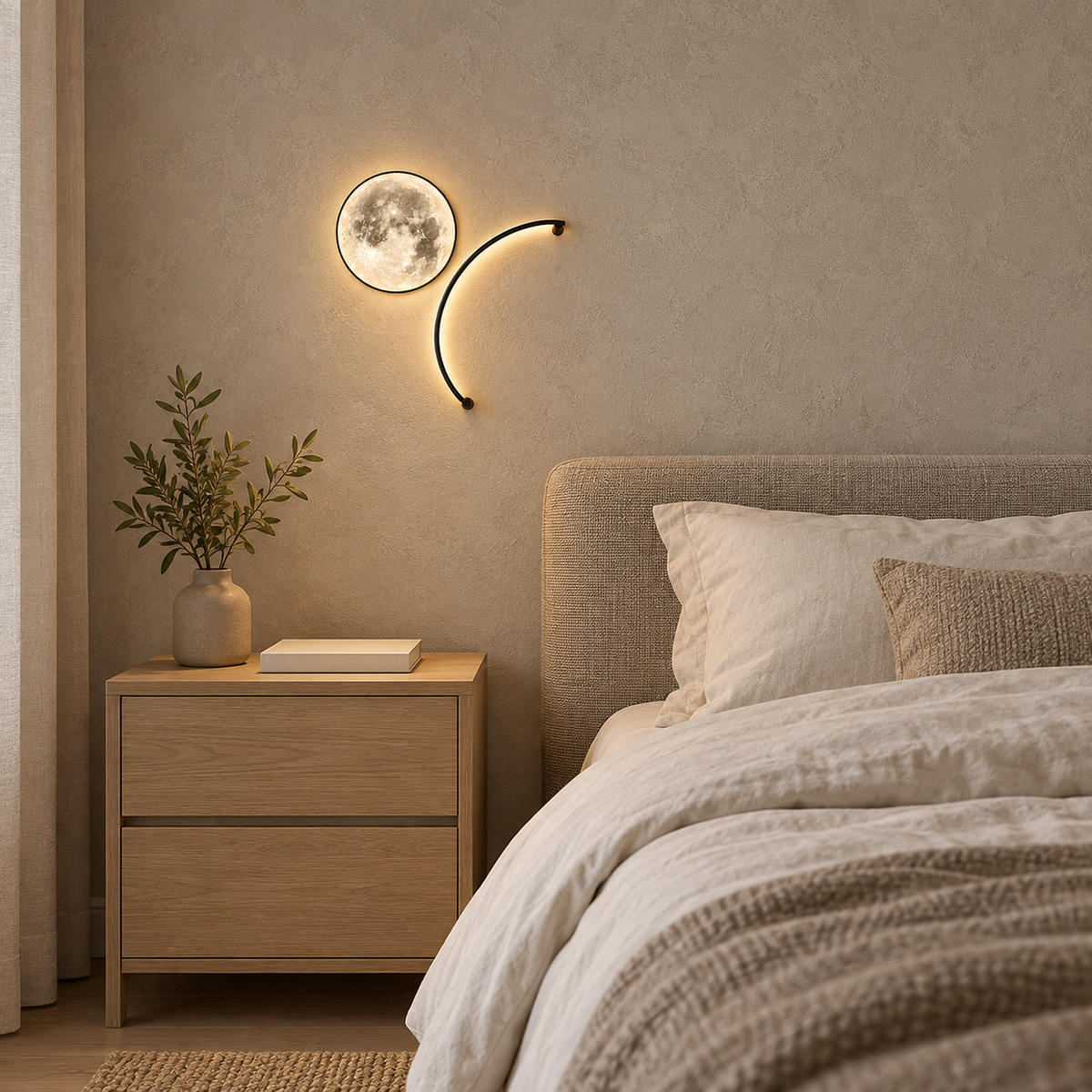 Nerativa black and moon white bedside wall light mounted low beside a bed as a warm accent