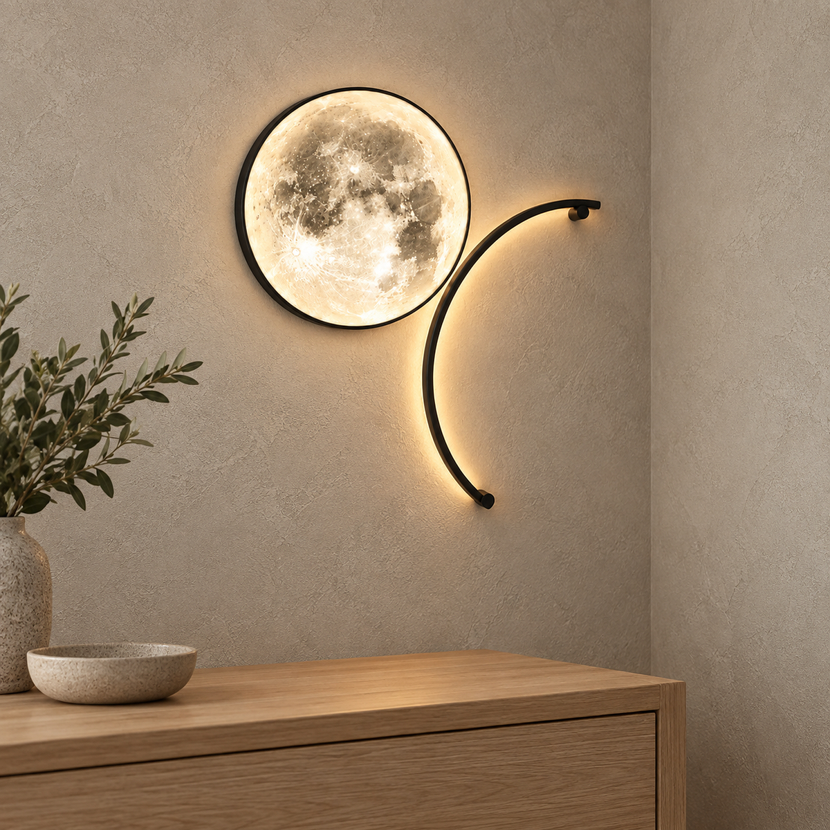 Nerativa black and moon white wall lamp glowing on the wall above an entryway console