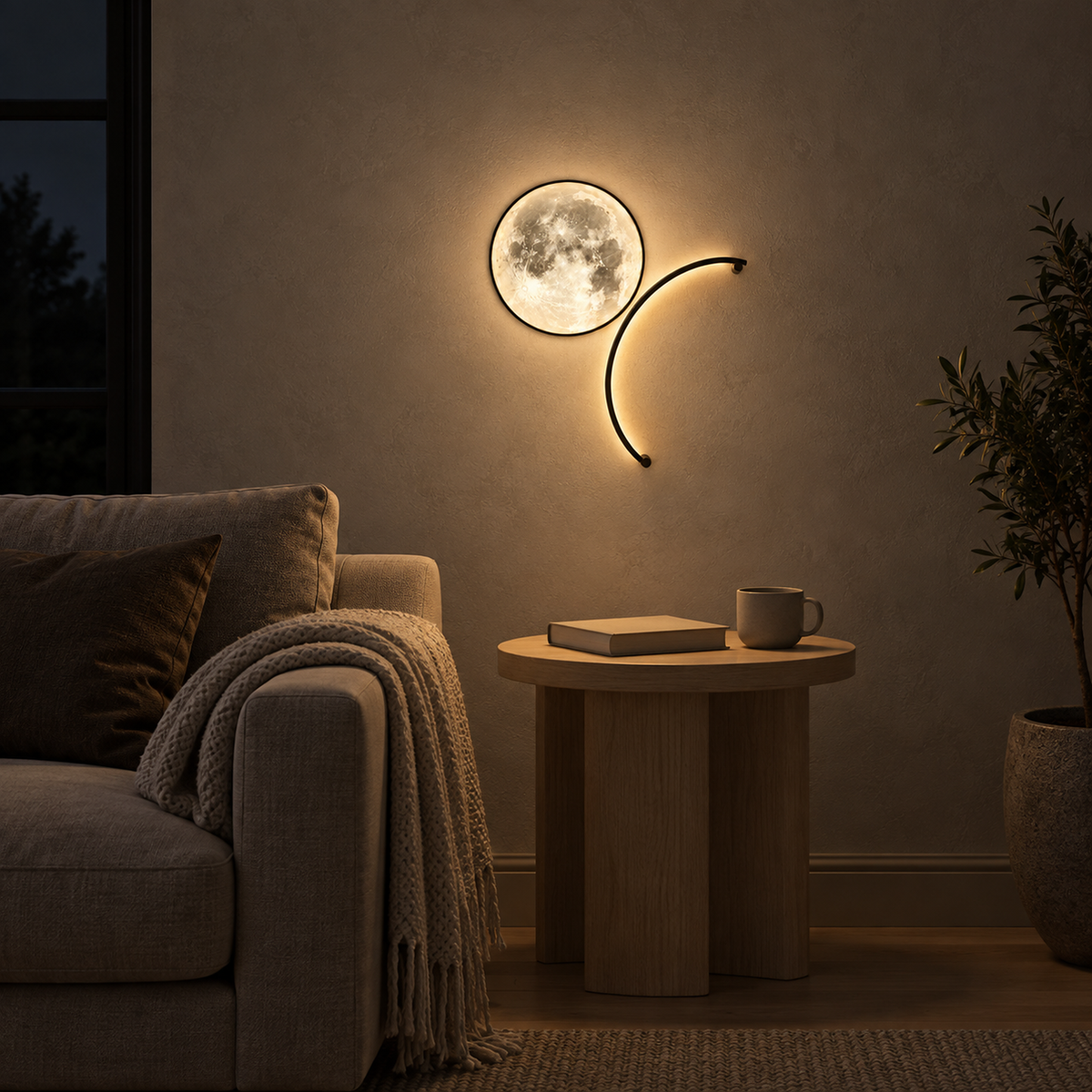 Nerativa black and moon white wall light glowing above a living room sofa after dark