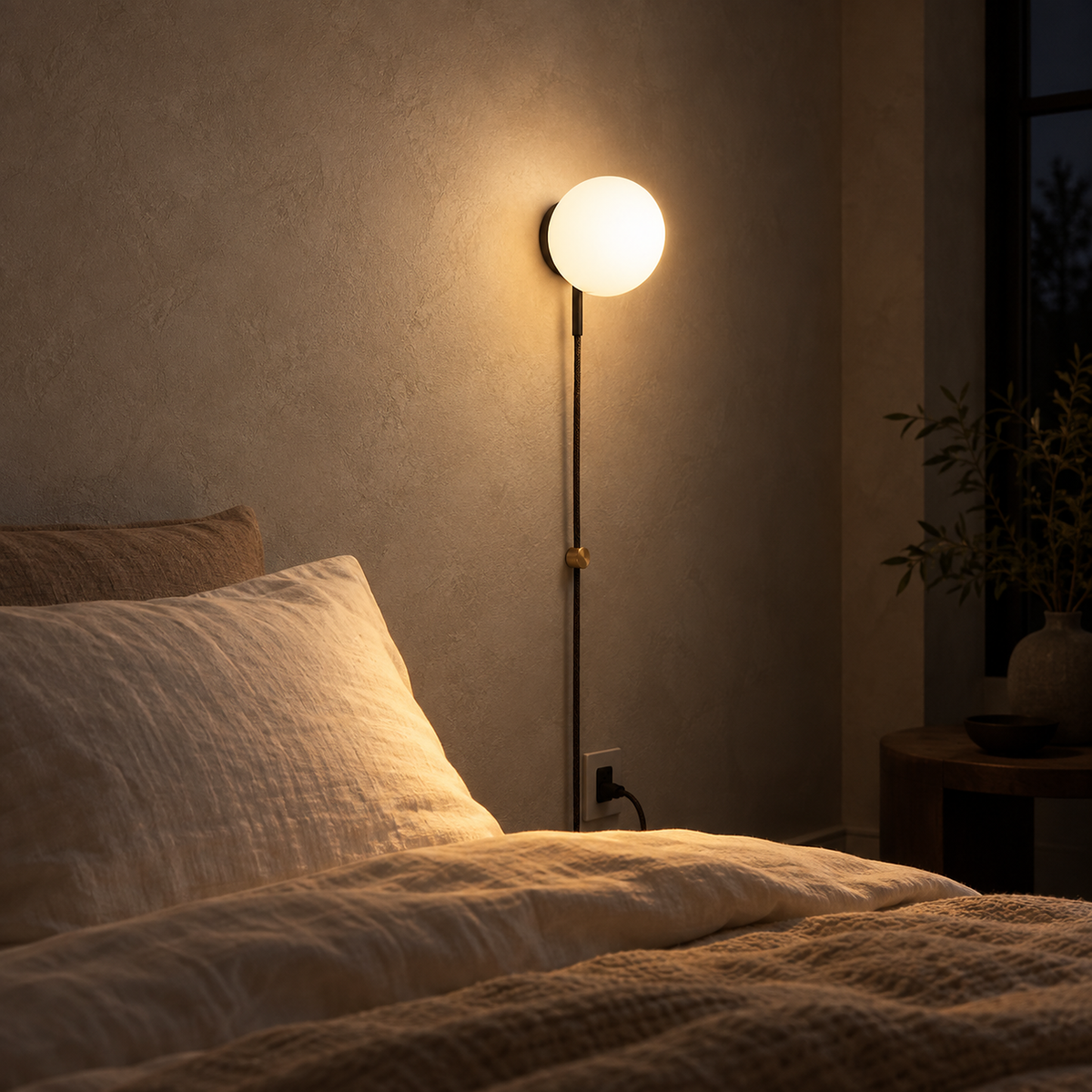 Neravolo black bedside wall light glowing softly in a guest sleeping alcove at night