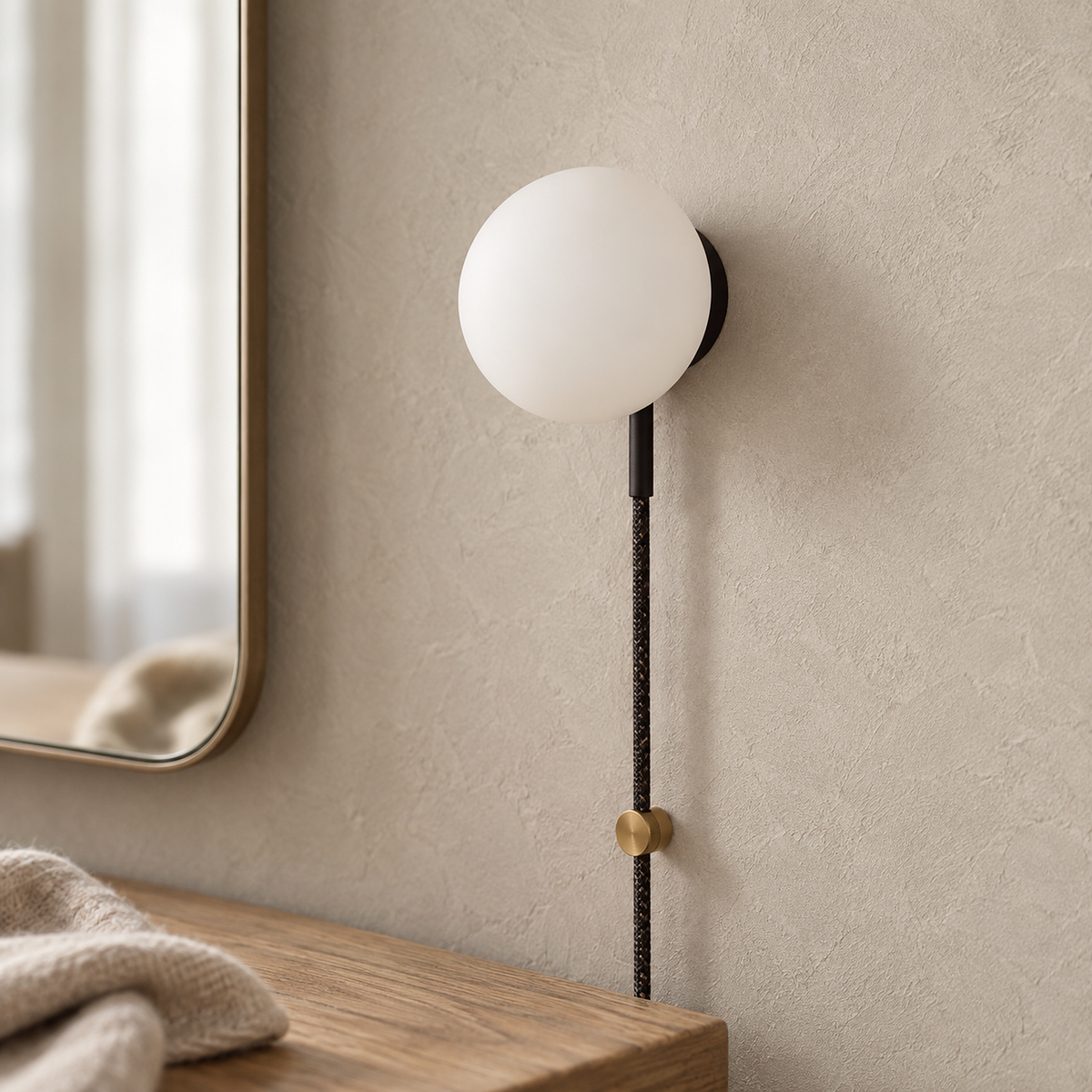 Neravolo black plug in wall lamp close up on the unlit frosted glass globe in a dressing nook