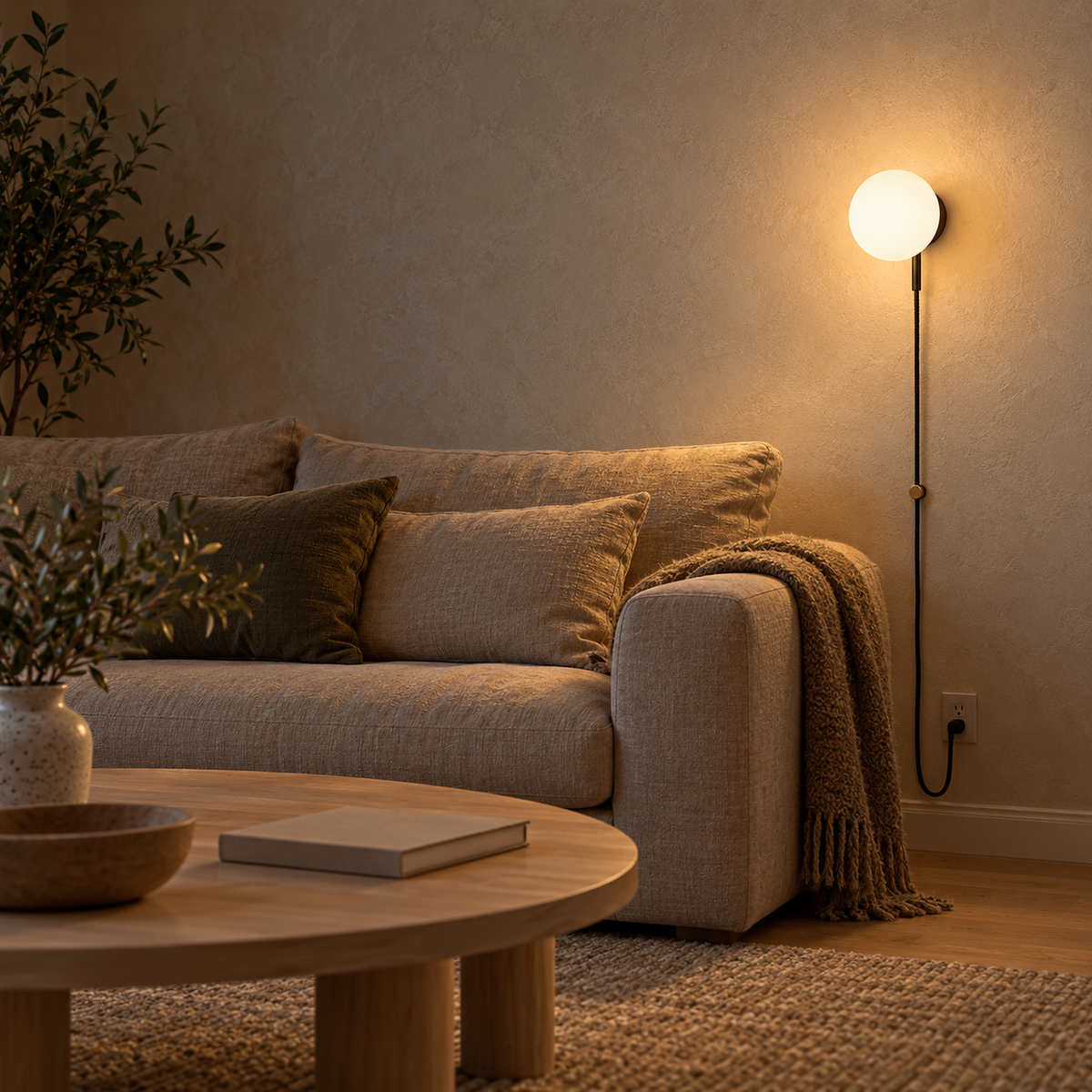 Neravolo black plug in wall light with an evenly glowing globe above a living room sofa