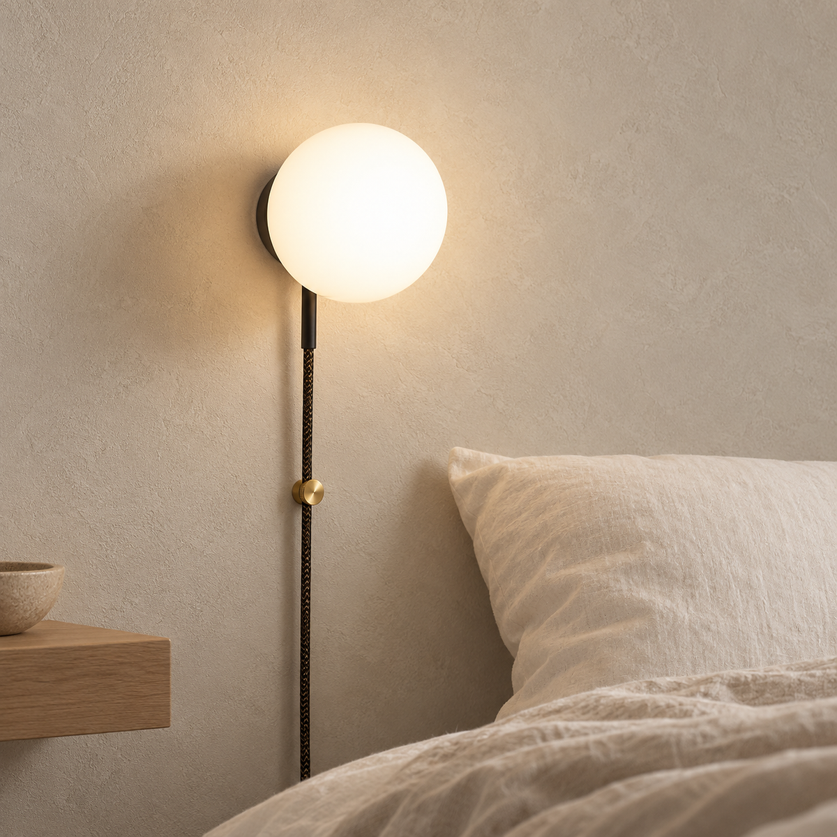 Neravolo black wall lamp glowing in a guest sleeping alcove in daylight