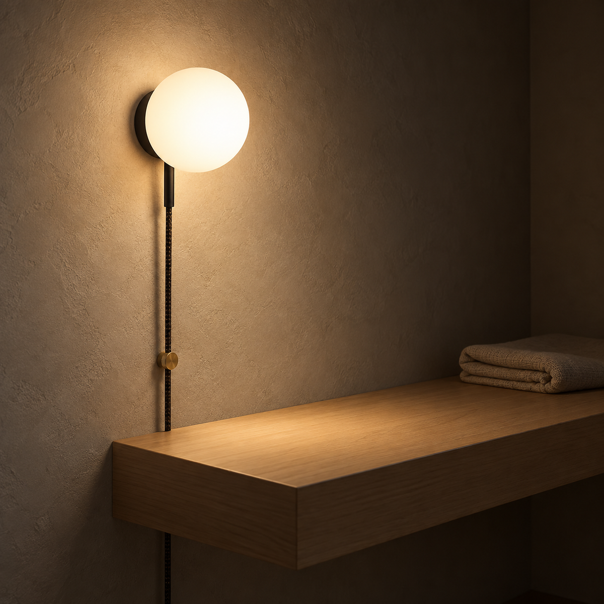 Neravolo black wall light casting a soft glow over a clear shelf in a dressing nook at night