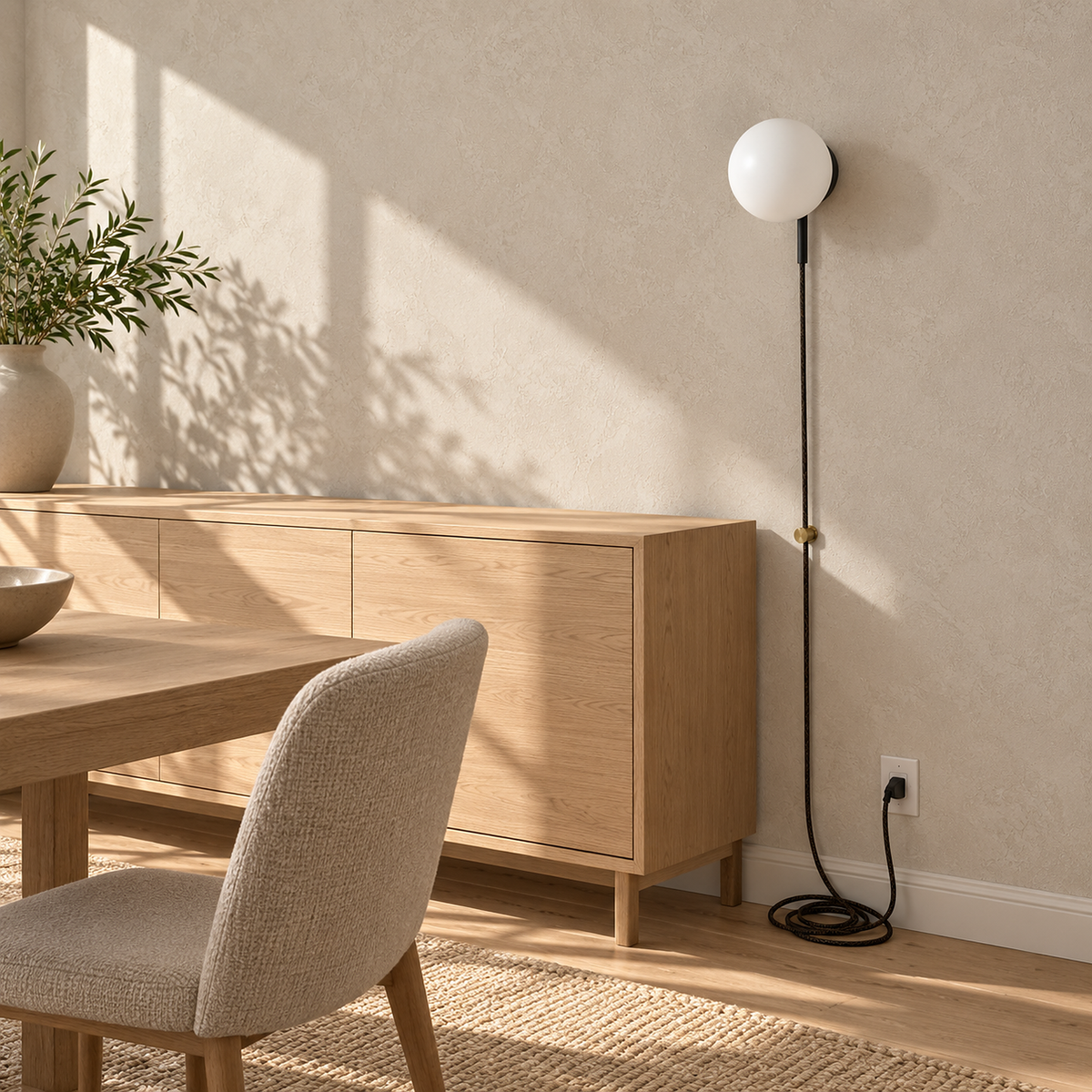 Neravolo black wall sconce unlit on the wall of a dining nook in daylight