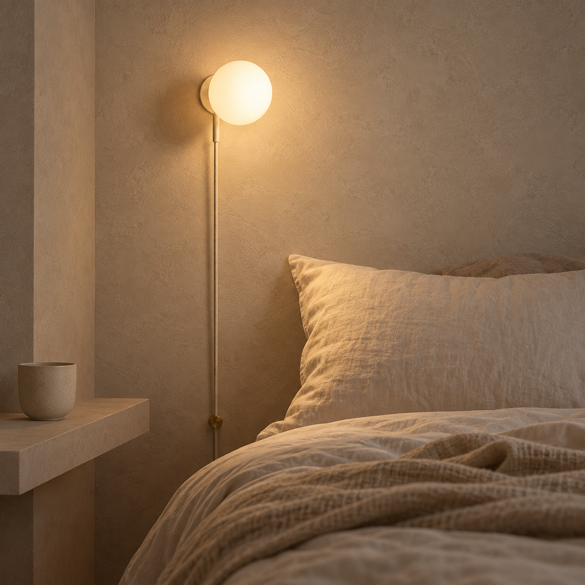 Neravolo white bedside wall light glowing in a guest sleeping alcove in soft daylight #color_white