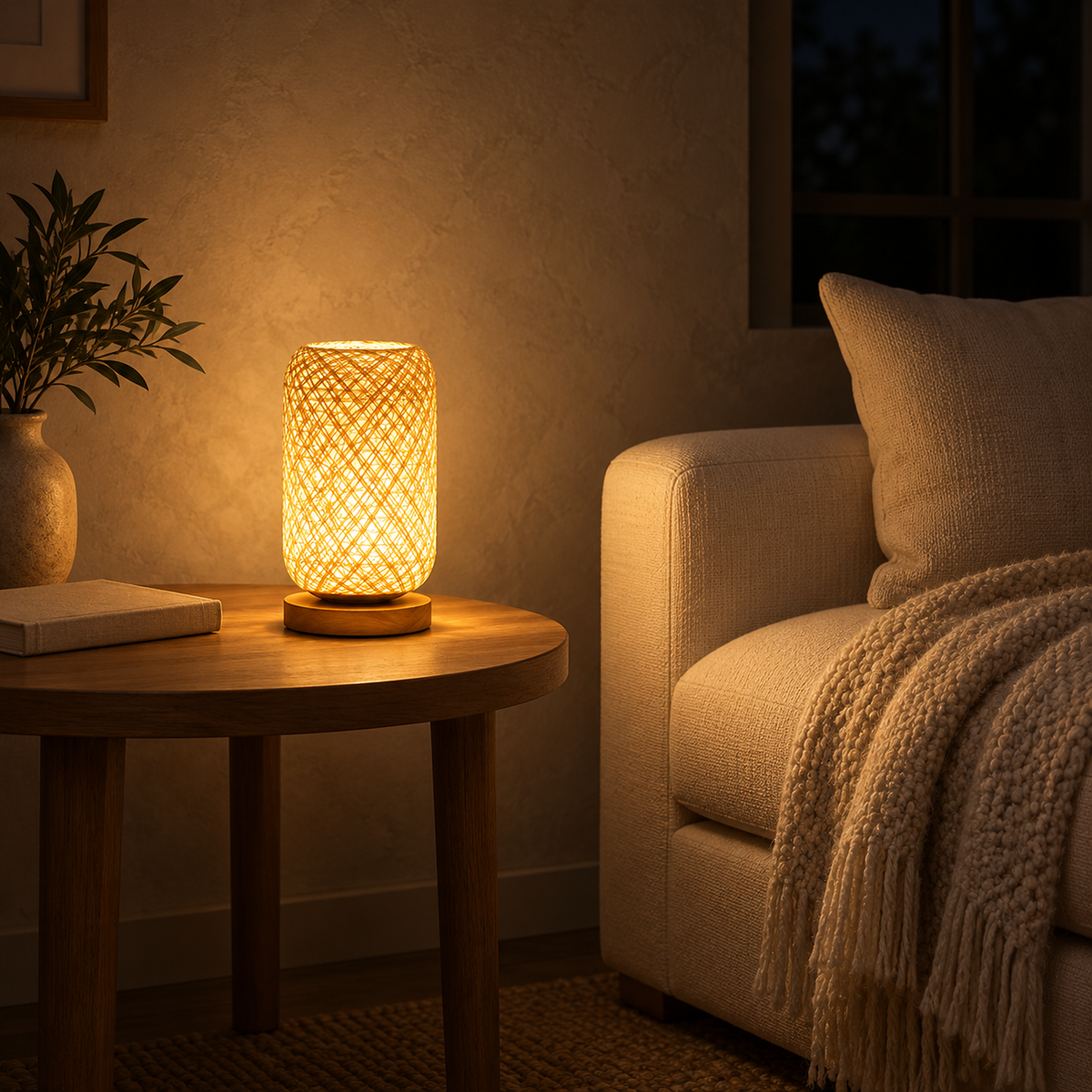 Nerilva beige portable table lamp warming a library side table with soft light at night #color_beige