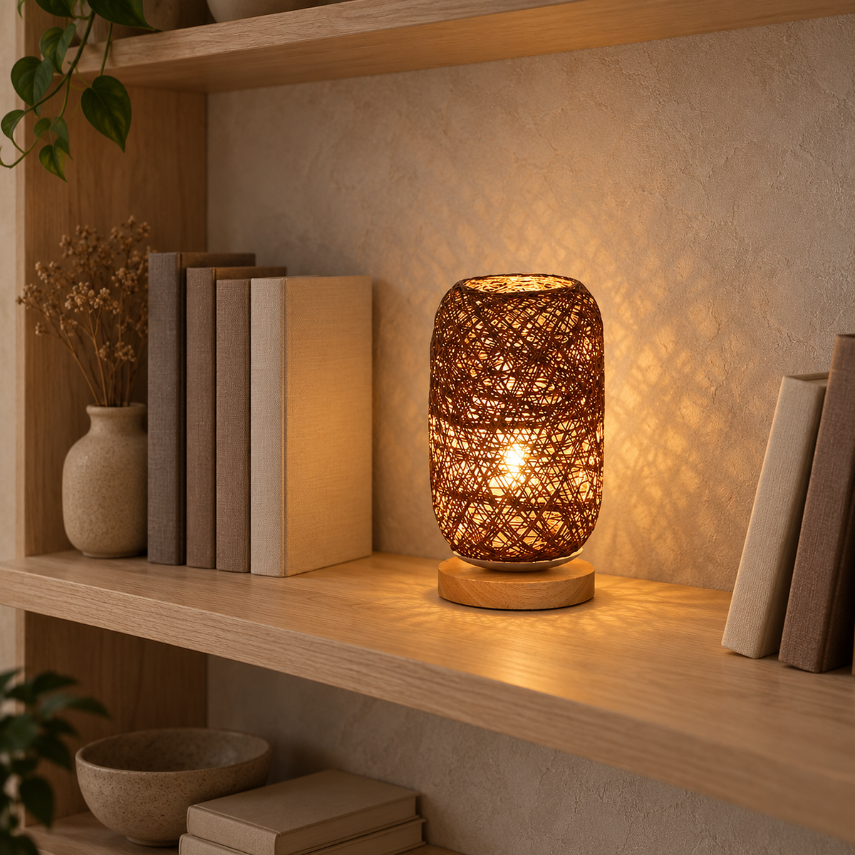 Nerilva brown battery operated table lamp glowing on an open bookshelf in a library