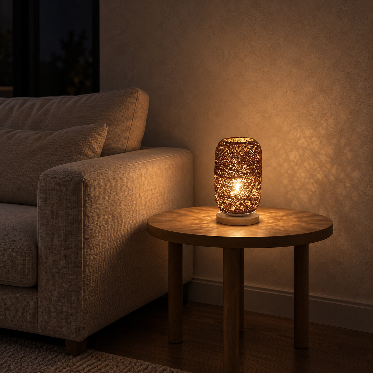 Nerilva brown battery operated table lamp illuminating a bare living room table at night