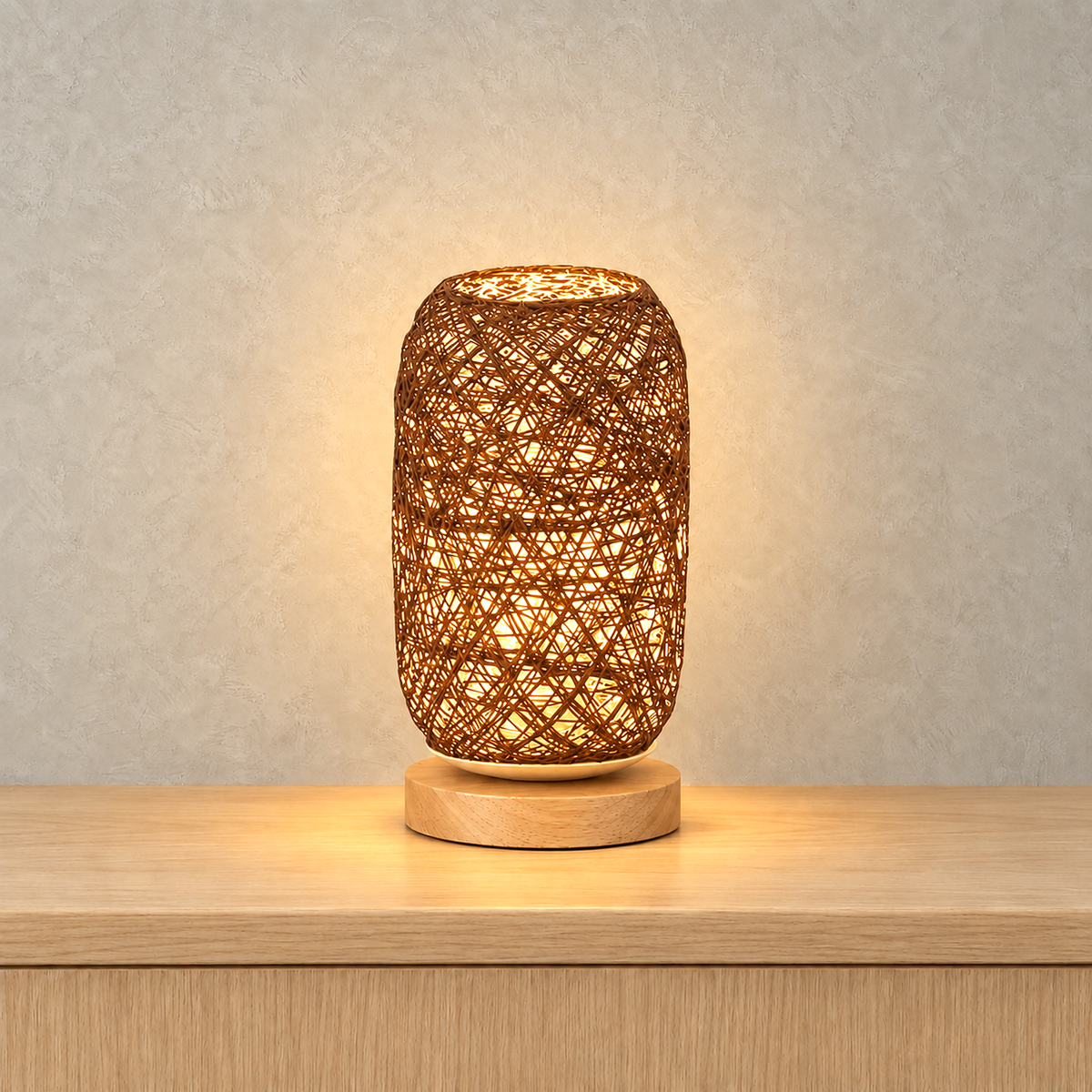 Nerilva brown battery operated table lamp with warm light shining through the woven shade