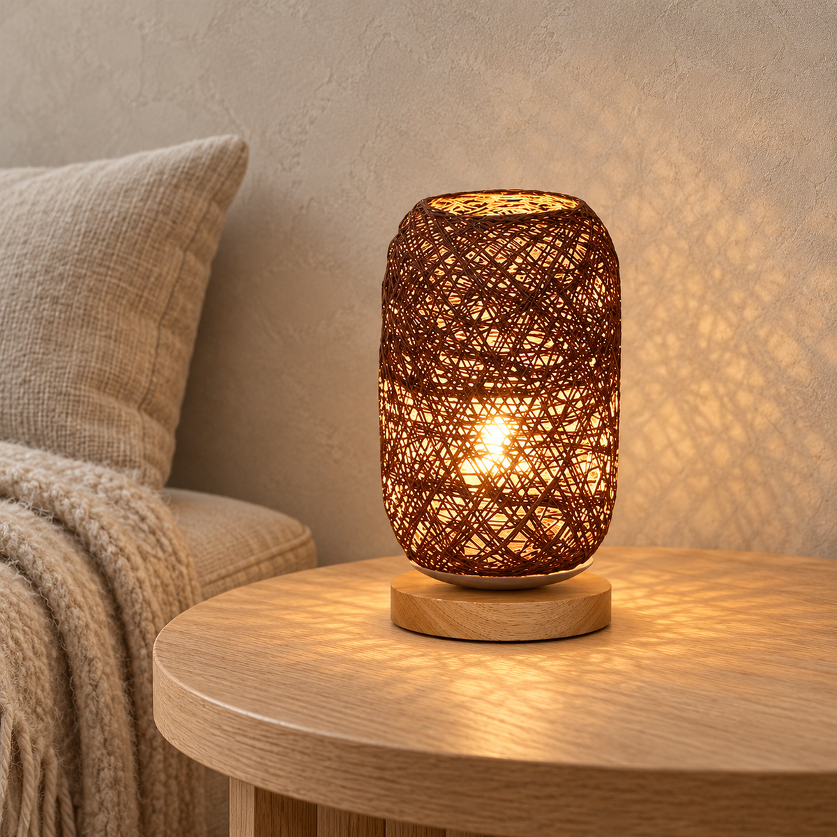 Nerilva brown portable table lamp glowing warm beside a daybed in a bright library