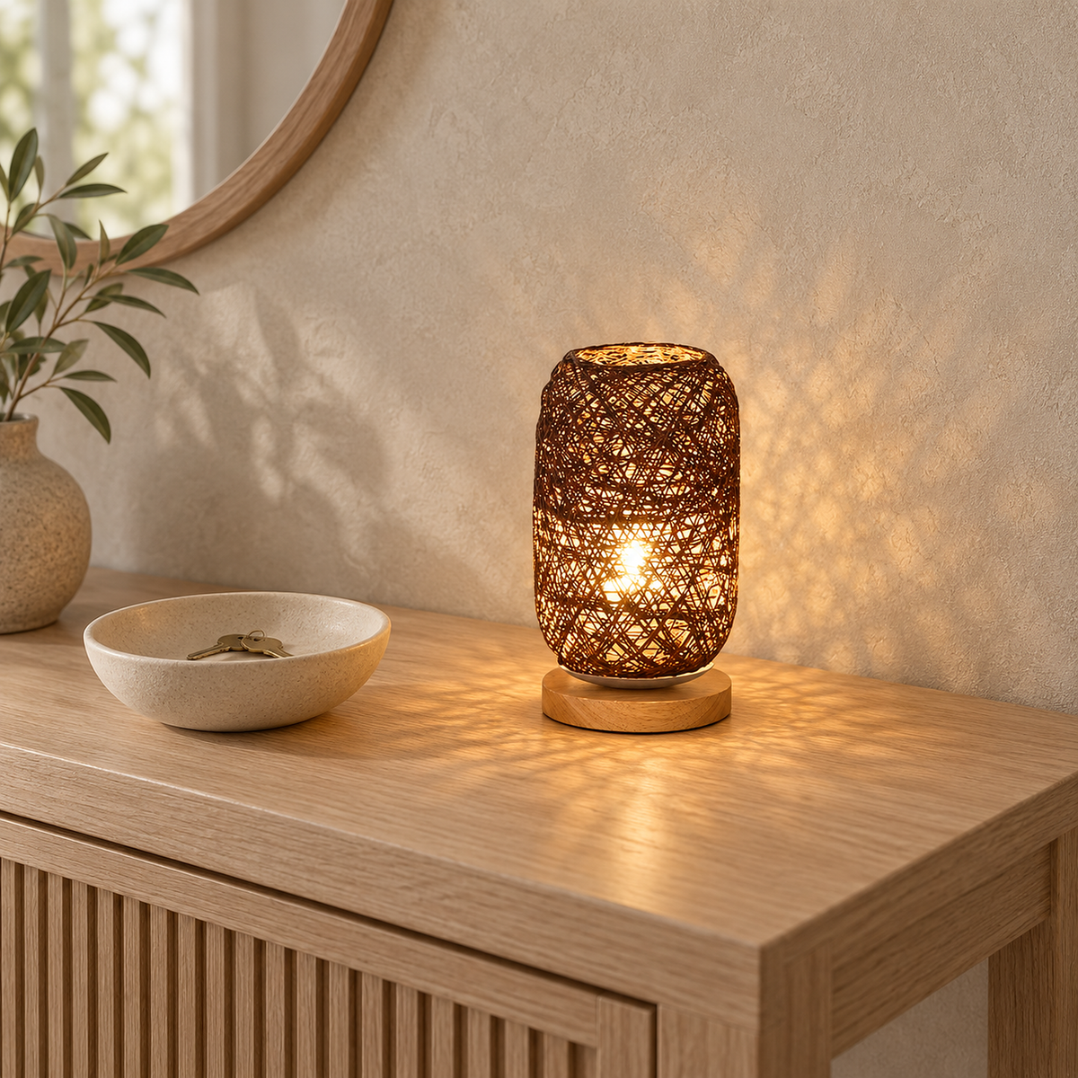 Nerilva brown portable table lamp lighting a pale console in a sunny entry hall