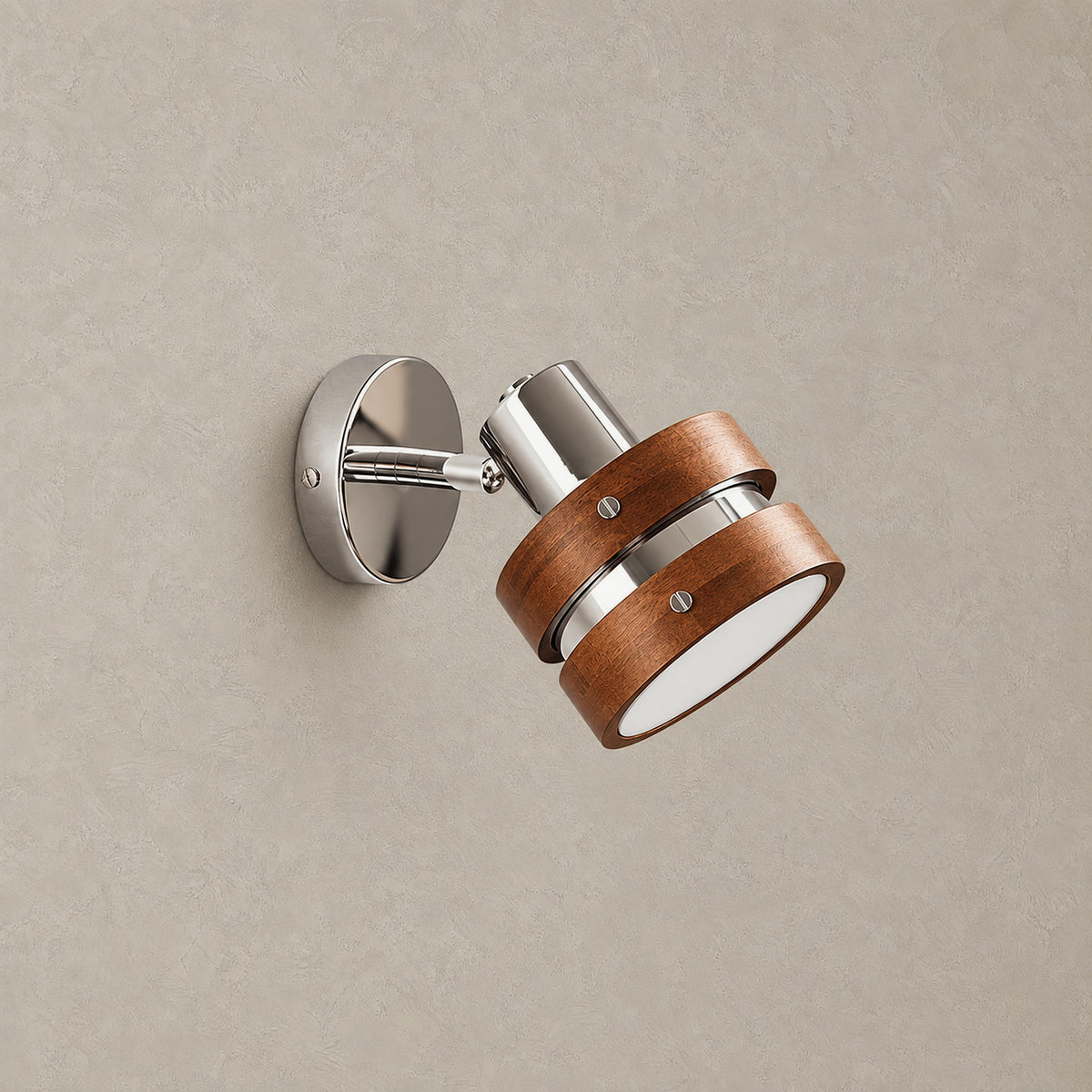 Nerilvo chrome and walnut wall sconce shown unlit with its solid wood shade and round backplate