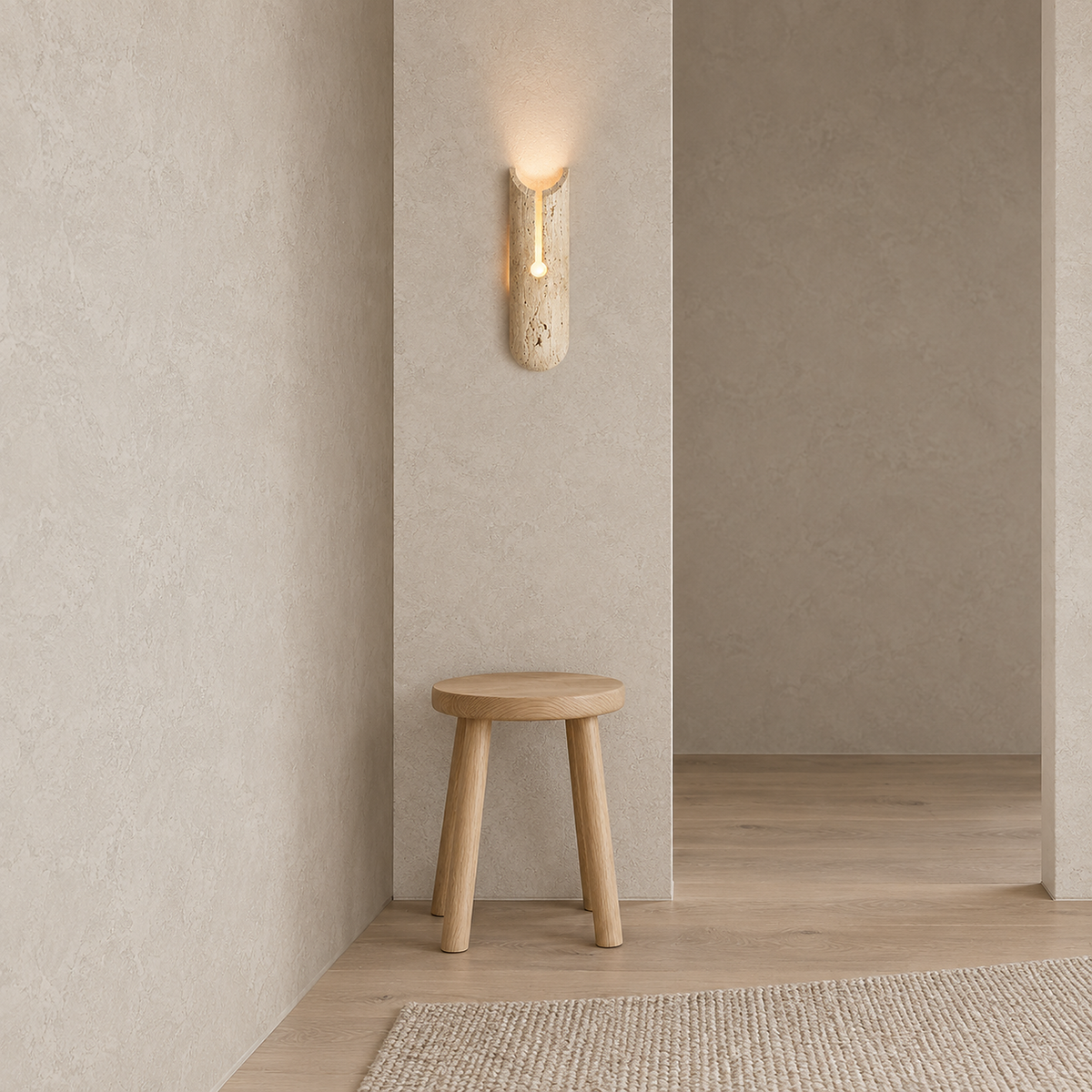 Nerisalo beige plug in wall sconce glowing on a narrow hallway wall in daylight