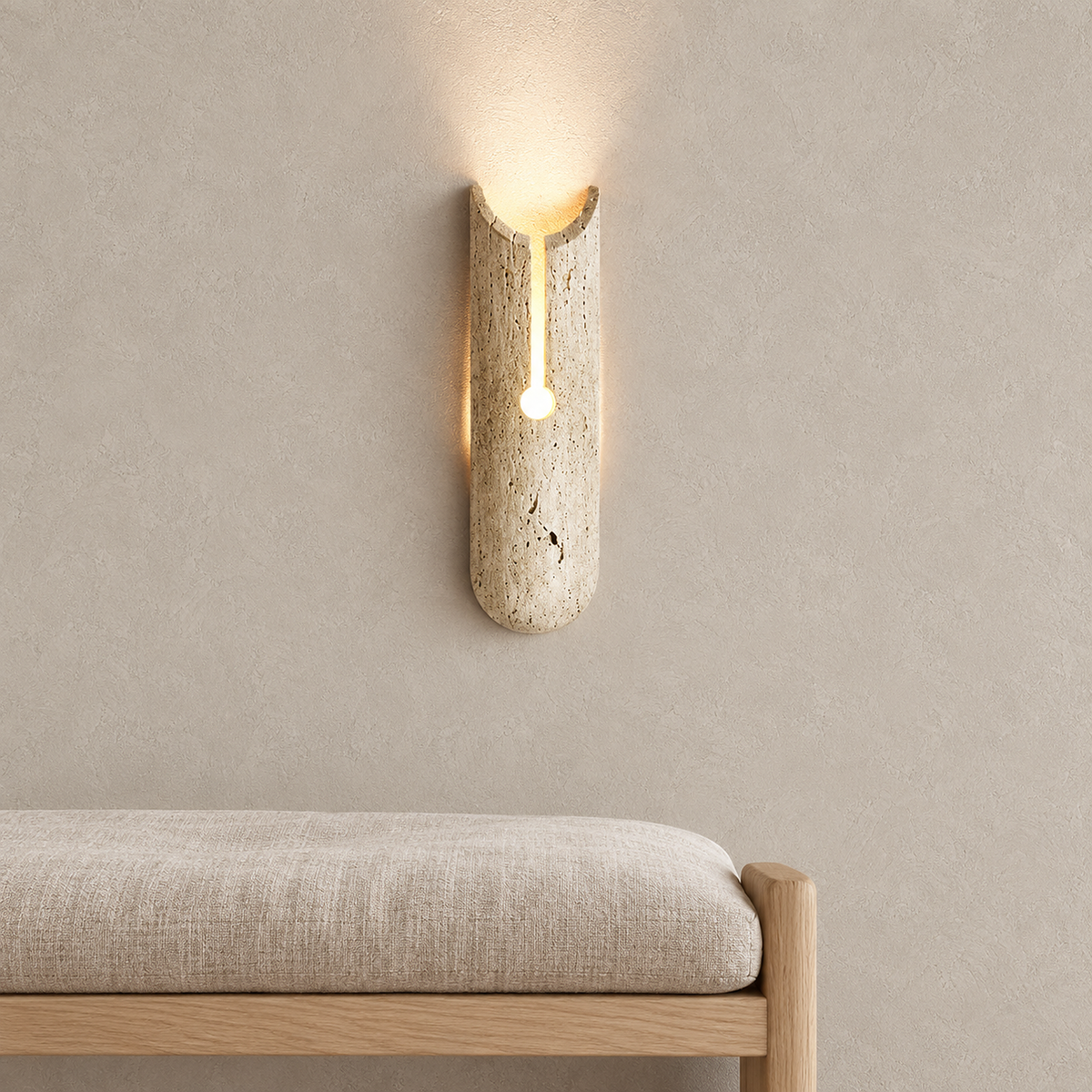 Nerisalo beige wall lamp glowing warm above an entry bench in daylight