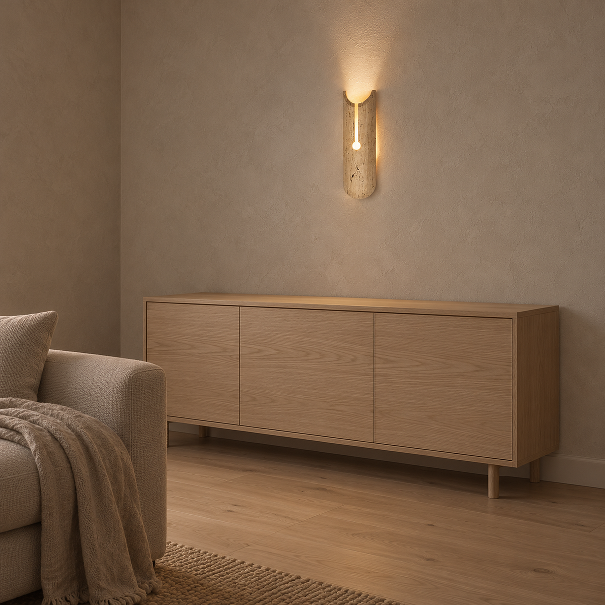 Nerisalo beige wall light glowing warm above a living room sideboard