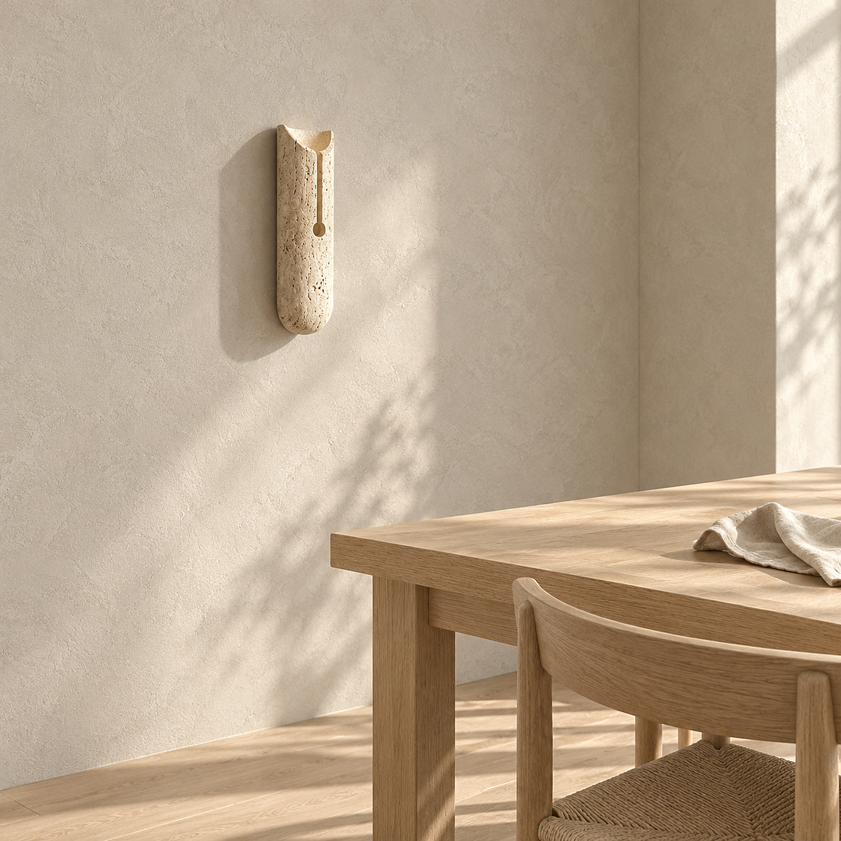 Nerisalo beige wall light unlit on a dining room wall in direct daylight, stone face in view