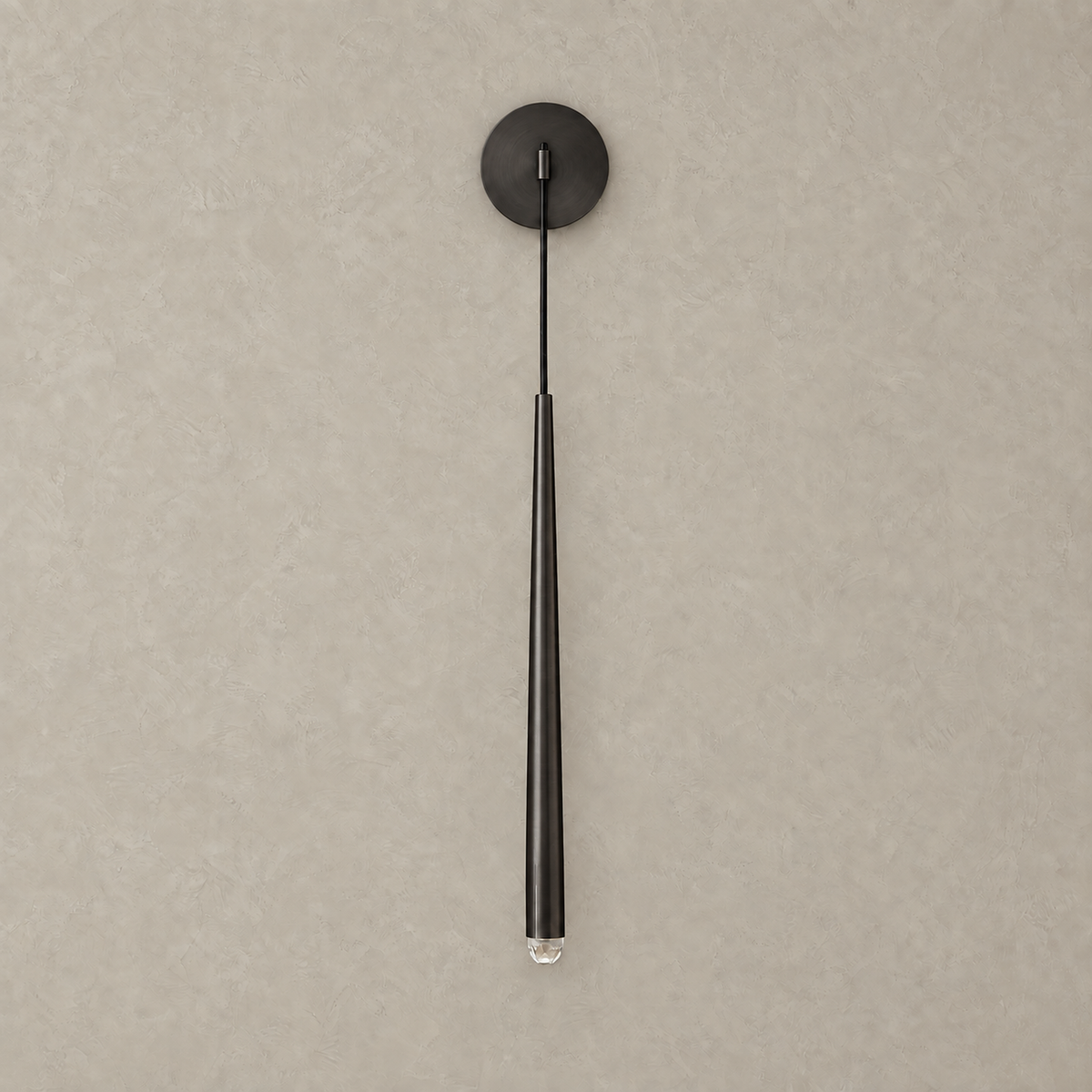 Nerisavo blackened hanging wall sconce unlit on a plain backdrop, slim cone on a round plate #color_blackened