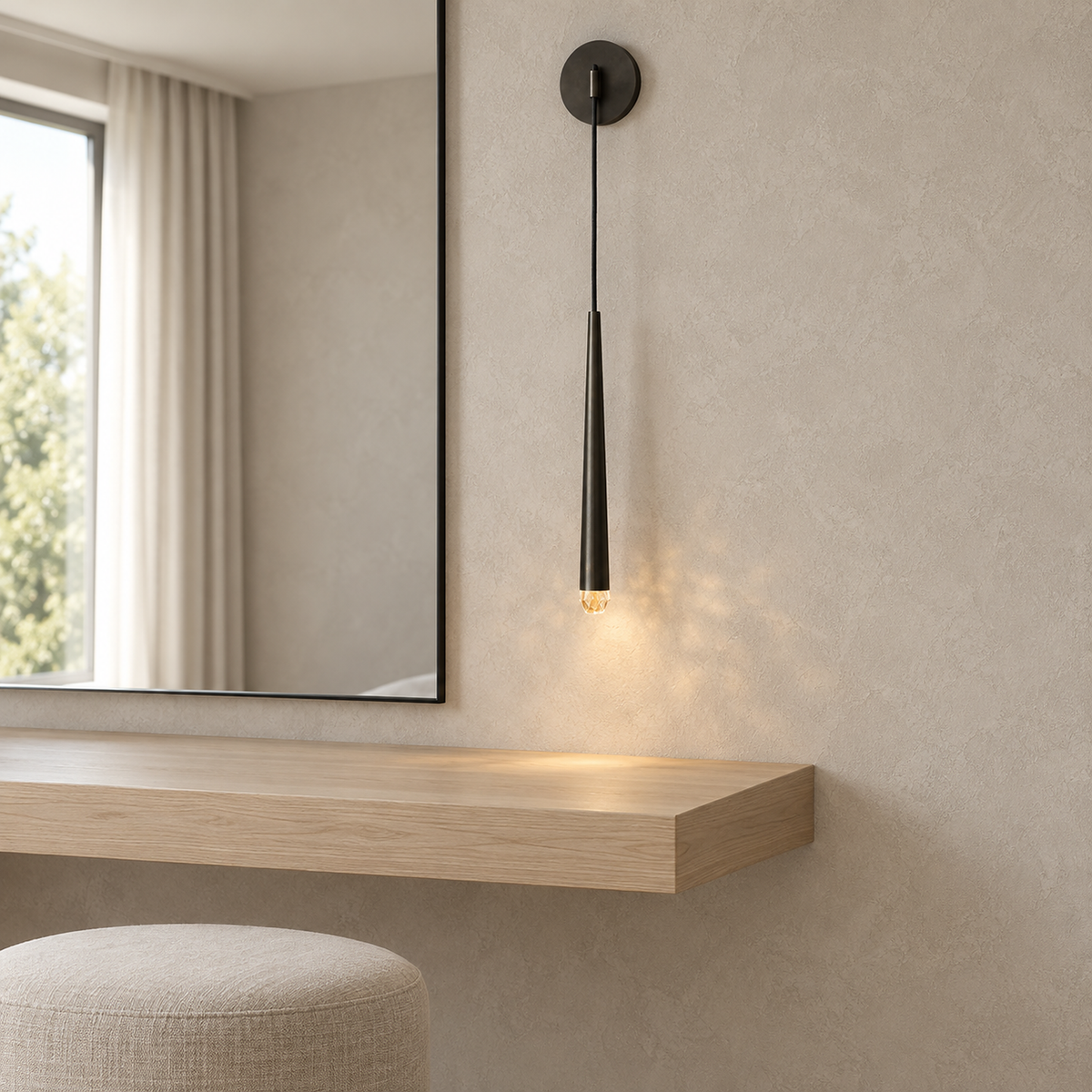 Nerisavo blackened wall sconce lit on a dressing room wall in daylight #color_blackened
