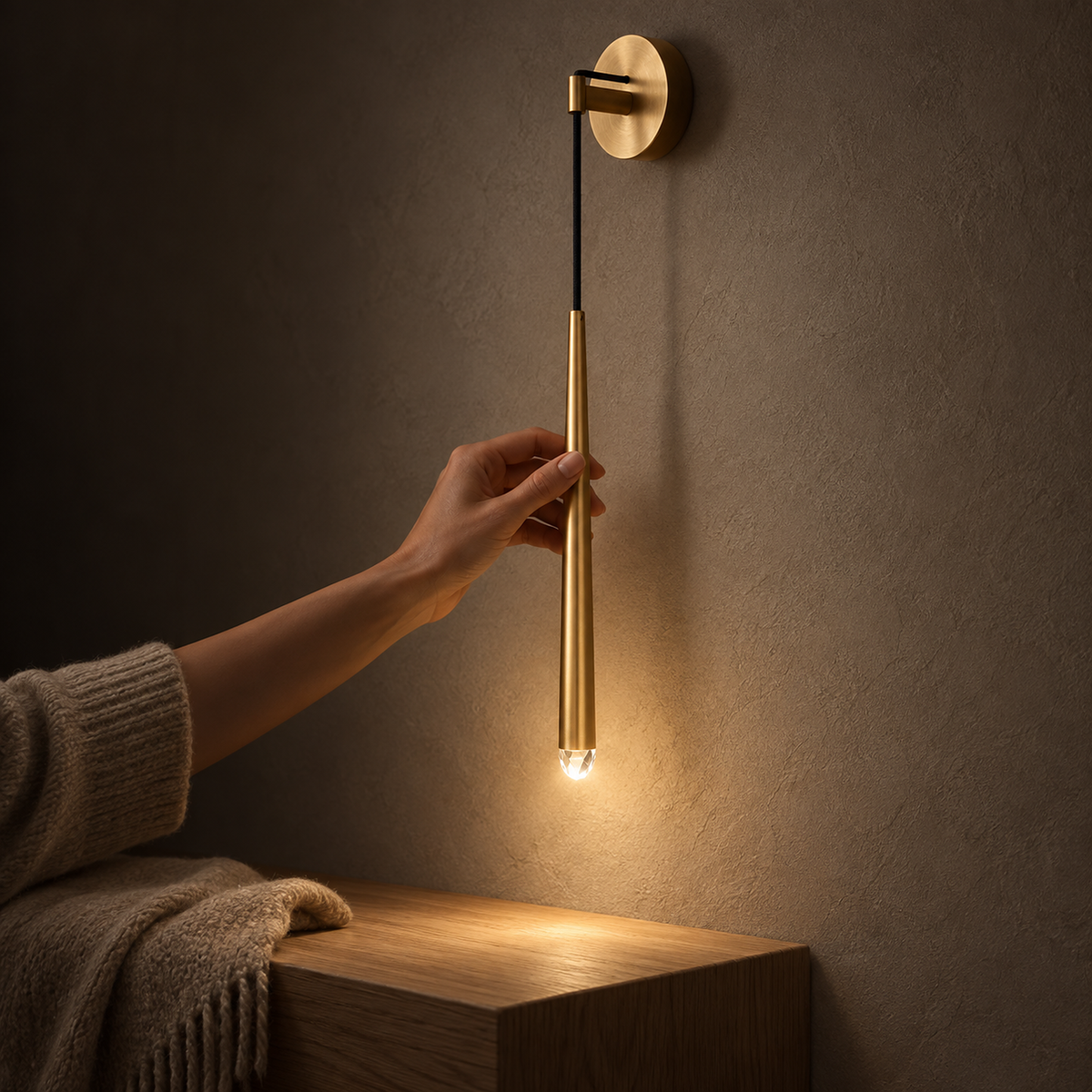 Nerisavo polished brass hanging wall sconce lit in an entry vestibule at night