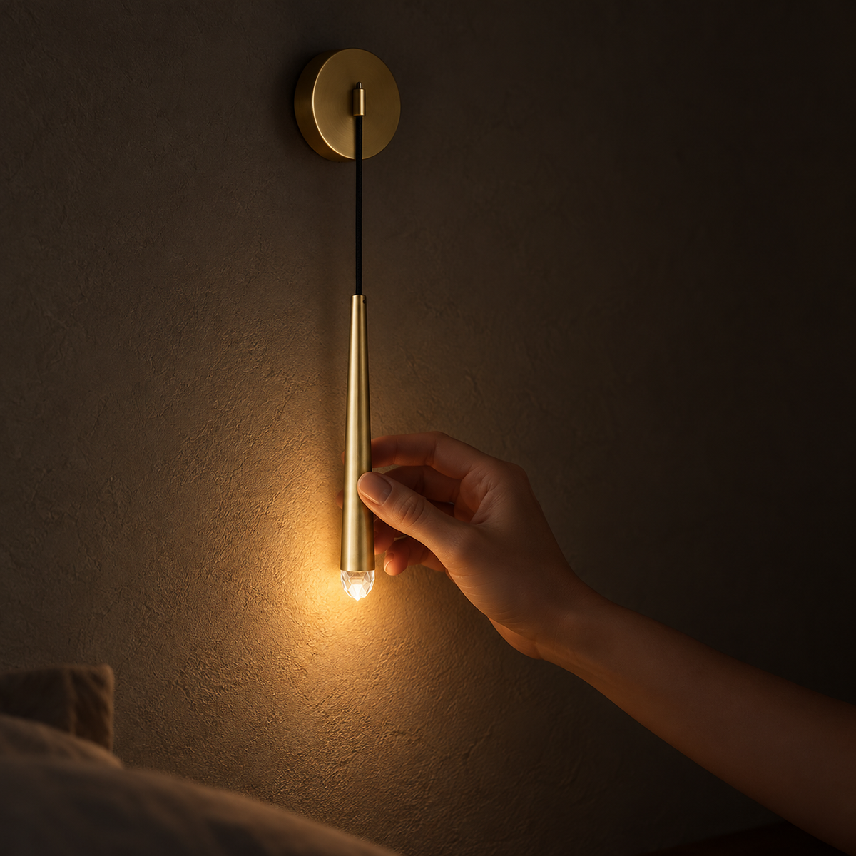 Nerisavo polished brass hanging wall sconce on in a bedroom, push button switch and lit clear tip