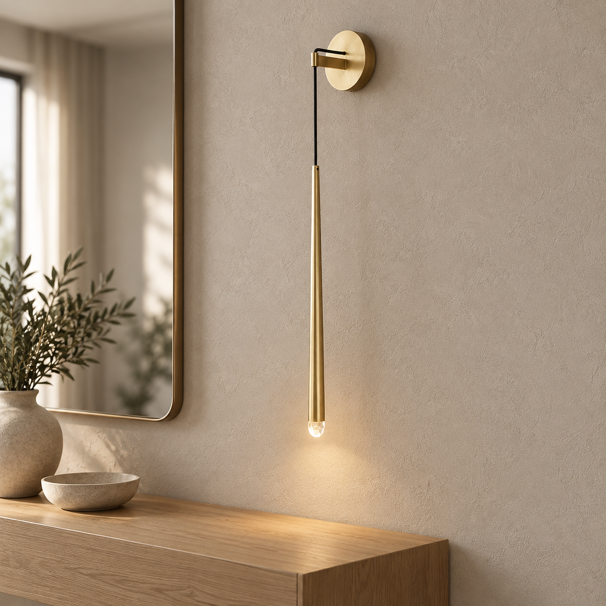 Nerisavo polished brass wall sconce lit above a console beside a mirror