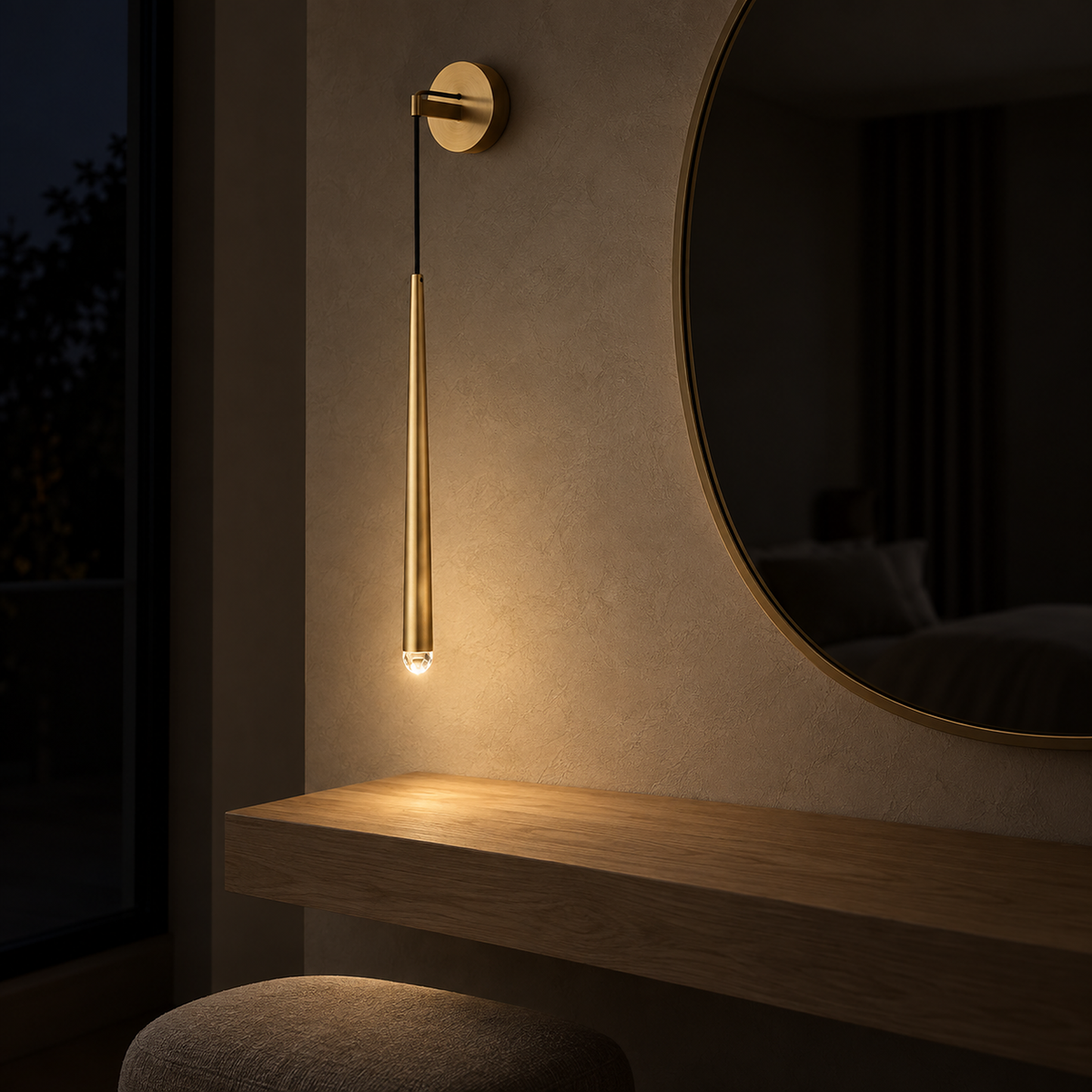 Nerisavo polished brass wall sconce lit in a dressing room after dark