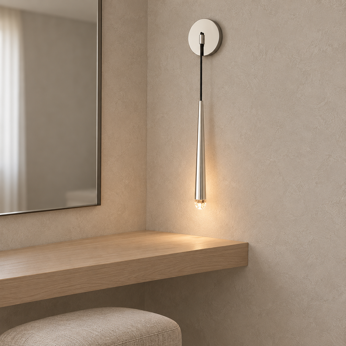 Nerisavo silver hanging wall sconce lit in a dressing room in daytime light #color_silver